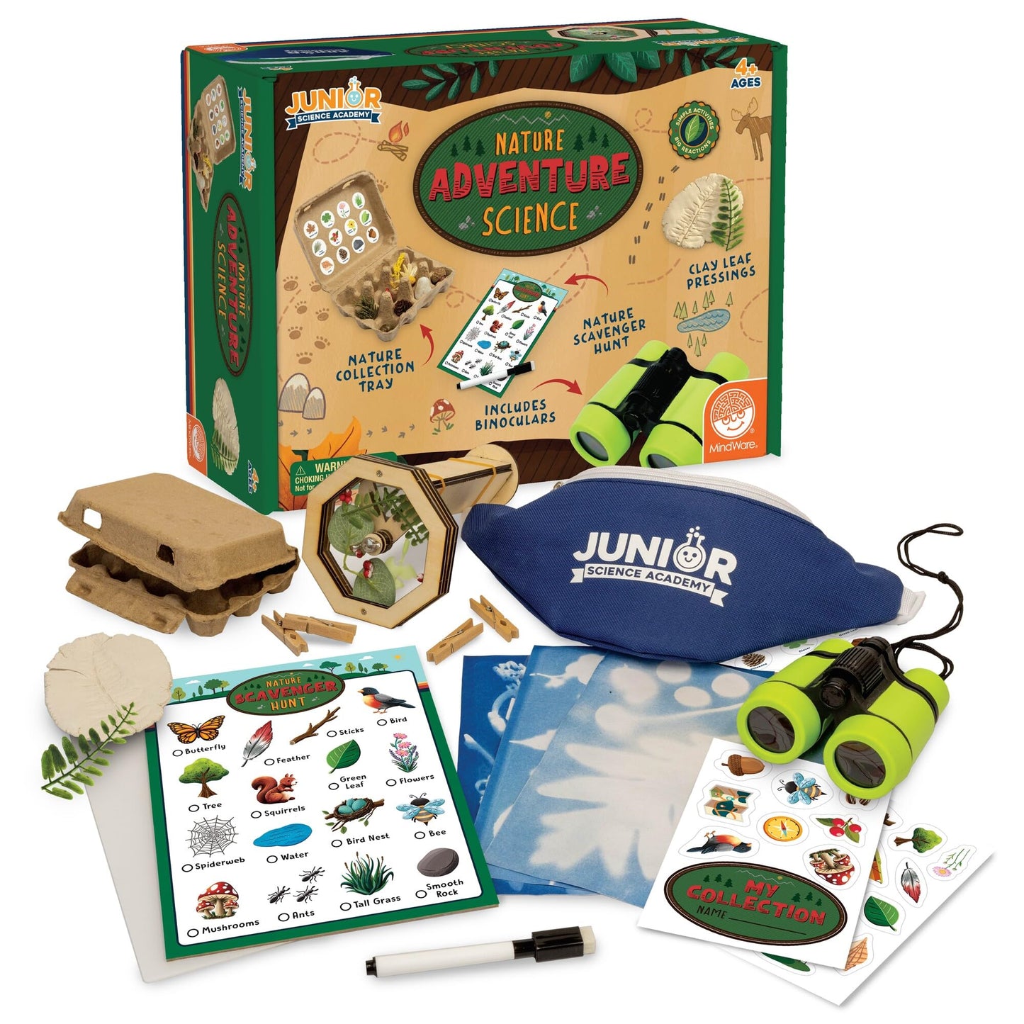 MindWare Junior Science Academy Nature Adventure Science Kit – STEM Outdoor Discovery Kit for Kids Ages 4+ Build a Kaleidoscope, Make Sun Prints, Create Clay Pressings & Explore Nature with Binoculars