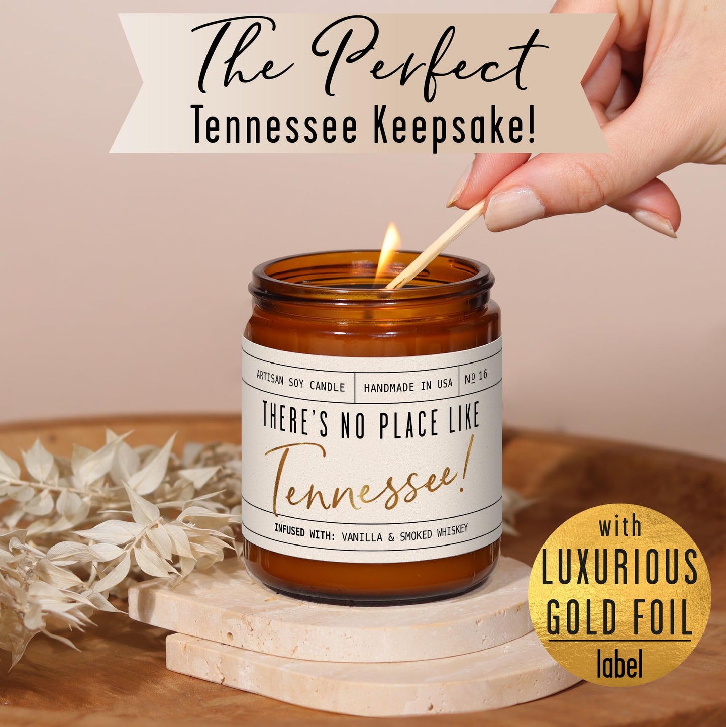 Tennessee Gifts, Tennessee Decor for Home - 'There's No Place Like Tennessee Candle, w/Vanilla & Smoked Whiskey I Tennessee Souvenirs I Tennessee State Gifts I 9oz Jar, 50Hr Burn, USA Made