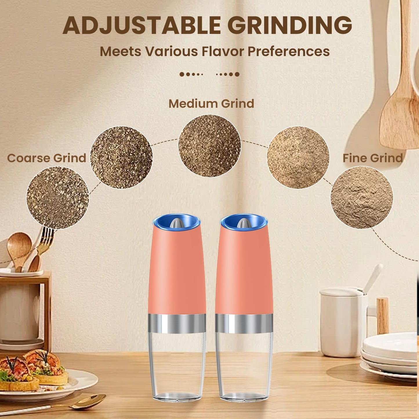 KIARYUOLL Gravity Electric Salt And Pepper Grinder Set, Automatic Salt And Pepper Grinder Set, Battery Powered (6 AAA Batteries Each), Adjustable Roughness, LED Light, 2 Pack, (Pink)