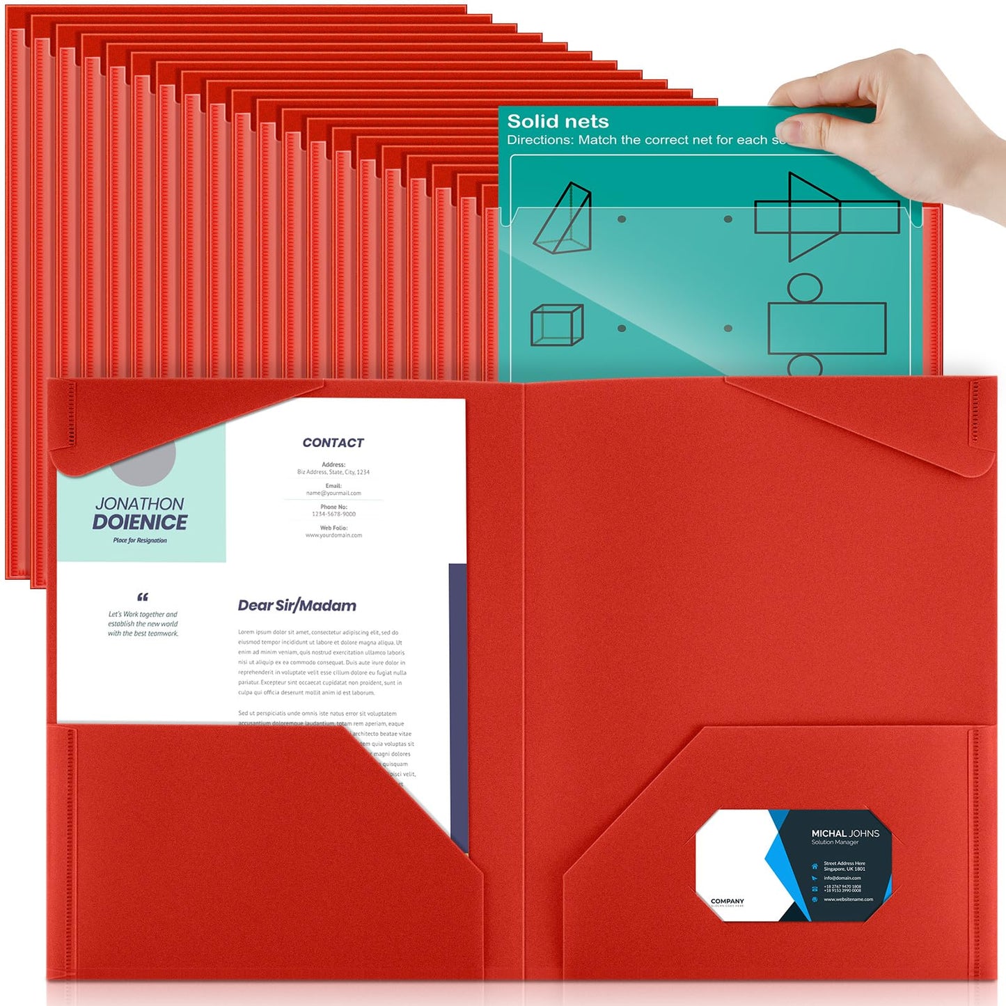 Henoyso 60 Pack Plastic Folders with Clear Front Pockets Heavy Duty File Folders with 2 Pockets and Card Slot for Classroom, School & Office Bulk Supply (Red)