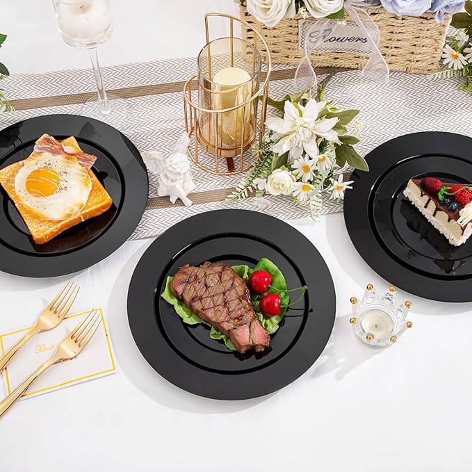 100Pcs Black Plastic Dessert Plates, Disposable Salad Plate, Premium Hard Fancy Small Plates, Heavy Duty Plastic Cakes Plates for Party, Wedding and Birthday