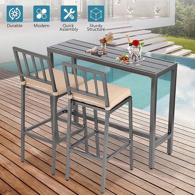 Outdoor Bar Table, Patio Console Pub Height Tables with Powder Coated Steel Frame, Weather Resistant Waterproof Top for Hot Tub, Balcony, Garden, Yard, Poolside (Grey, 55" Bar Table)