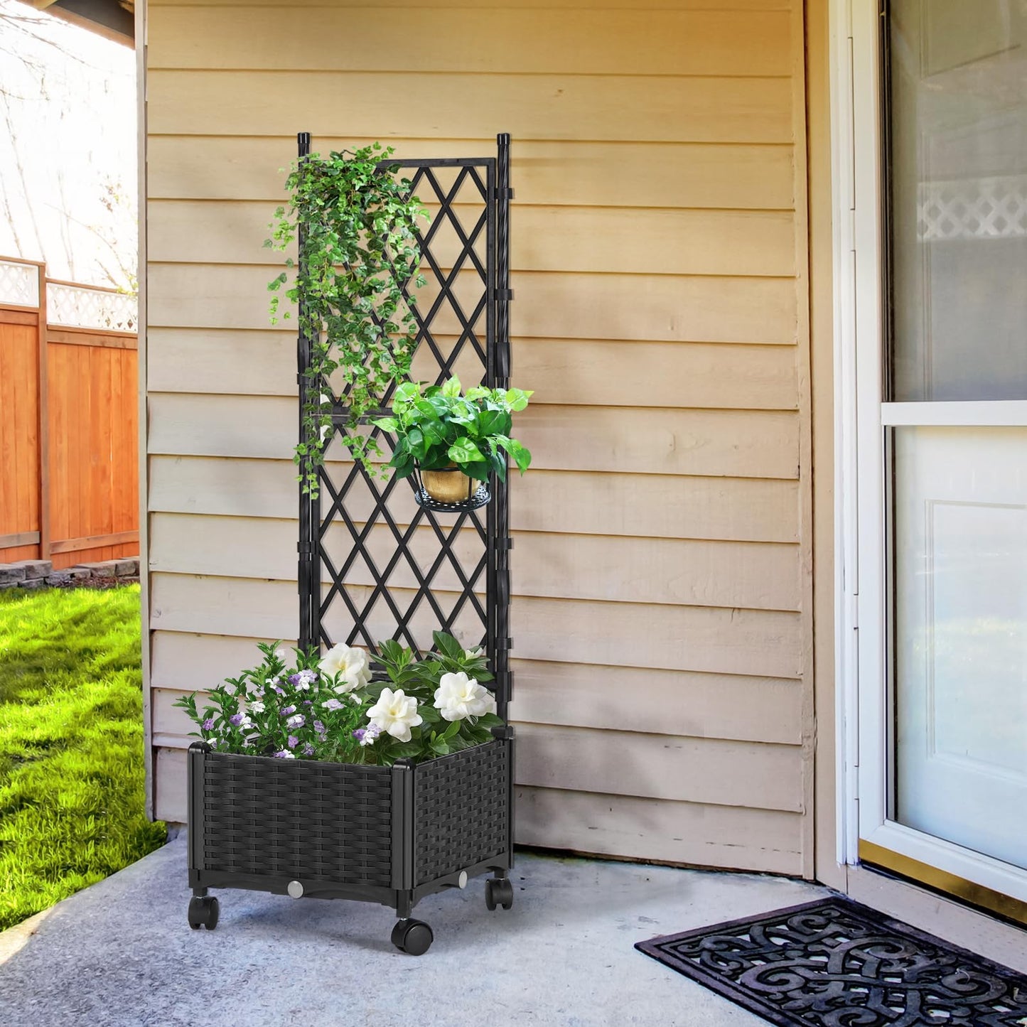 FOLLOOK Planter Box with Trellis, 4ft Tall Self-Watering Plastic Raised Garden Beds and Lattice Trellis with Lockable Wheels & Drain Plug for Outdoor Patio Backyard Balcony, Black, 1 Pc