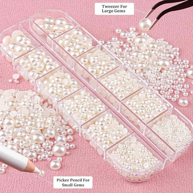 Belleboost Flat Back Pearls Kits 3 Boxes of Flatback Beige Half Round Pearls with Pickup Pencil and Tweezer for Home DIY and Professional Nail Art, Face Makeup and Craft