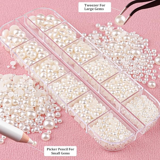 Belleboost Flat Back Pearls Kits 1 Box of Flatback Beige Half Round Pearls with Pickup Pencil and Tweezer for Home DIY and Professional Nail Art, Face Makeup and Craft