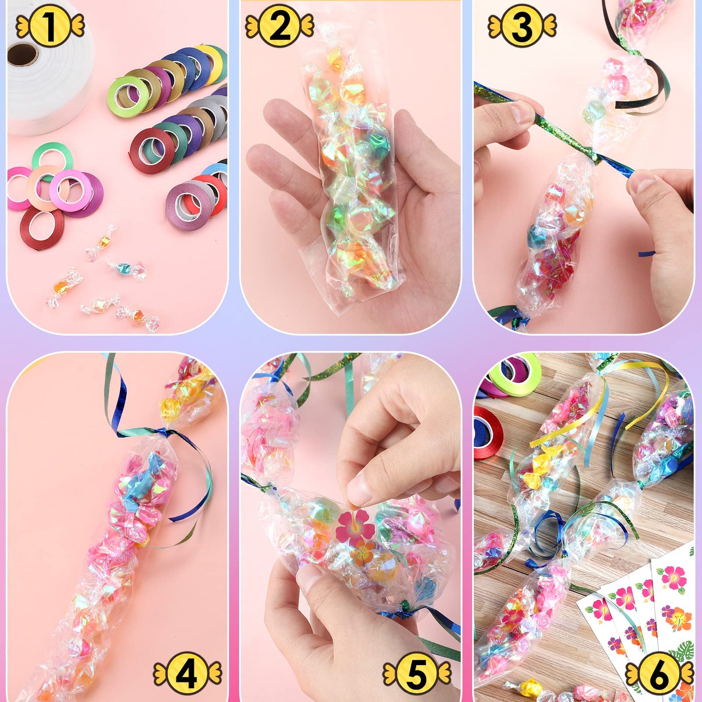 Karenhi Candy Lei Making Kit for Graduation Include 2 Inch x 1000 ft Ldpe Poly Candy Lei Tubing Roll,30 Pcs Graduation Ribbon,50 Sheets Flower Stickers Clear Netting Bags for Crafts Wreath