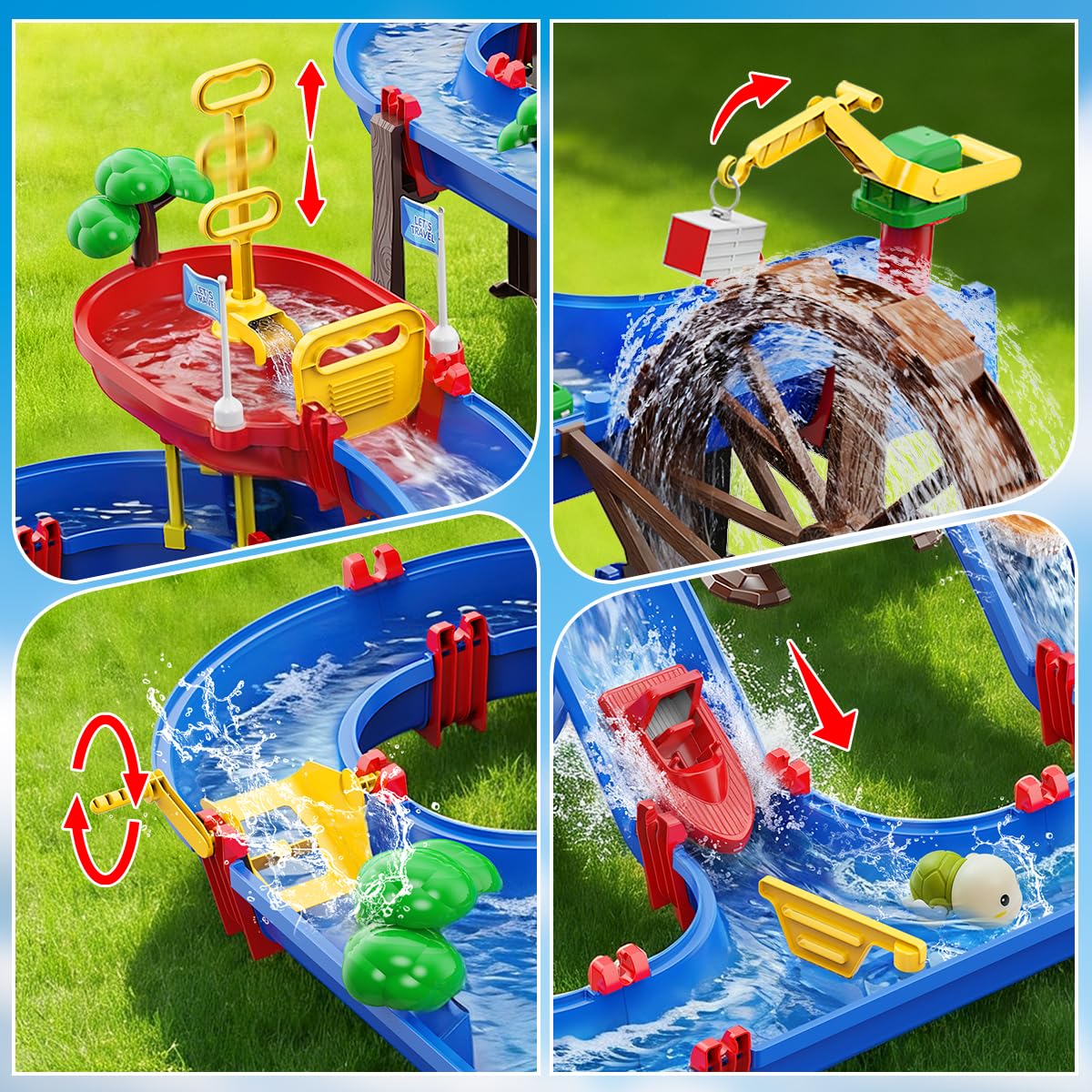VATOS 2-Tier Watermill Summer Water Table, 124 PCS DIY Water Table with Water Pump Toys for Toddlers 3-5 4-7 Years Old, Fun Water Playset Outdoor Water Summer Toys for Backyard, Beach, Balcony, Garden