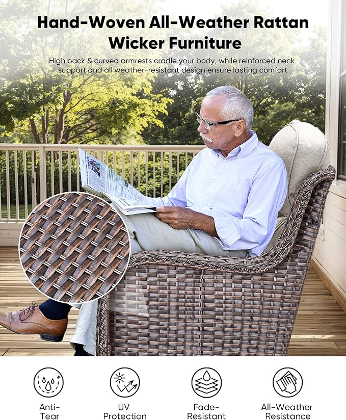 HUMMUH 8 Pieces Wicker Patio Furniture Set with Patio Swivel Chairs Set of 4,High Back Outdoor Sofa Coffee Table Ottomans,6 Inch Thick Cushions Outdoor Conversation Set for Porch, Balcony, Deck