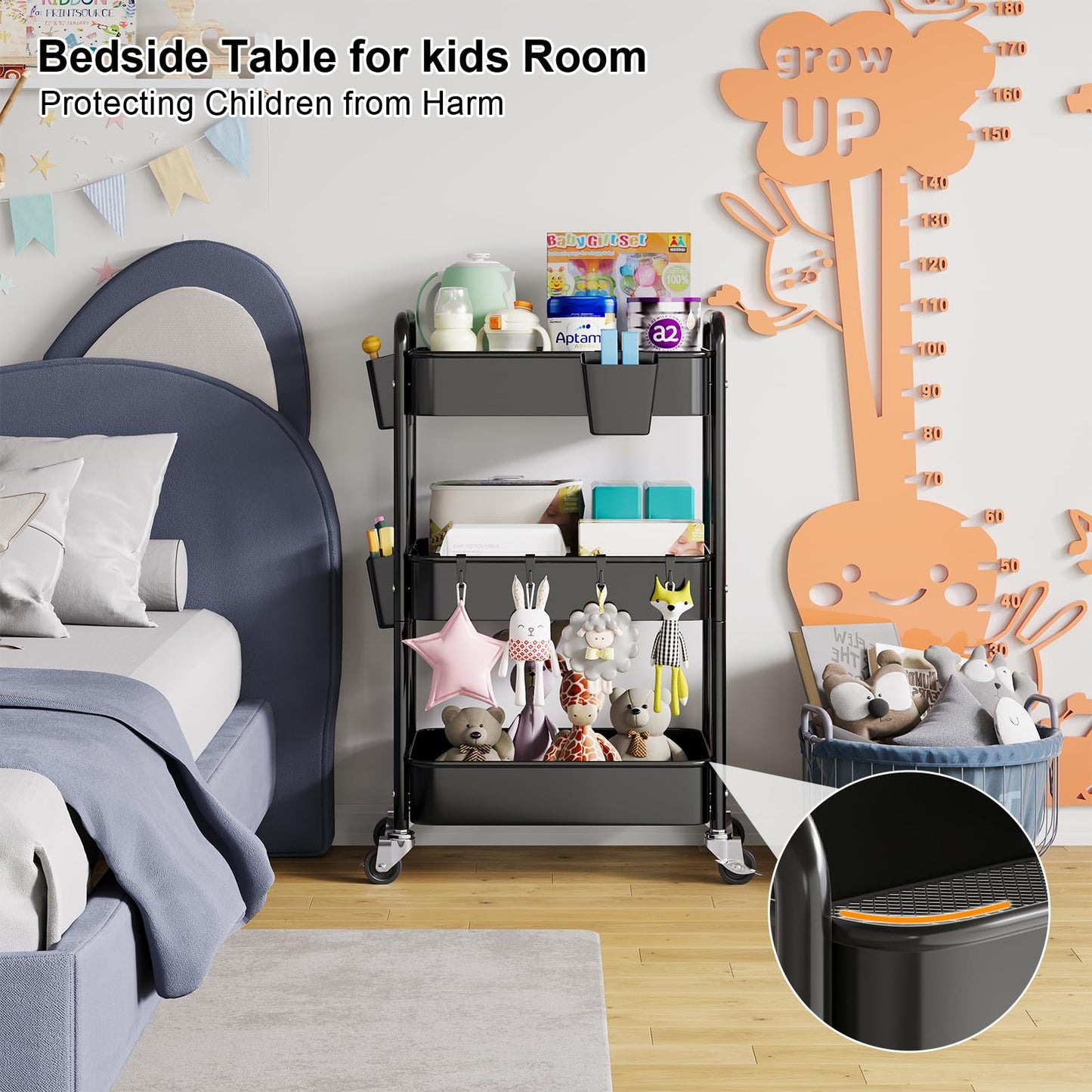 3 Tier Rolling Cart Metal with Wheels, Black Three Tiered Art Cart Organizer on Wheels, Storage Utility Trolley Carts for Kithcen, Craft, Nail, Lash, Makeup, Salon,Bedside, Bathroom, Office, Snack