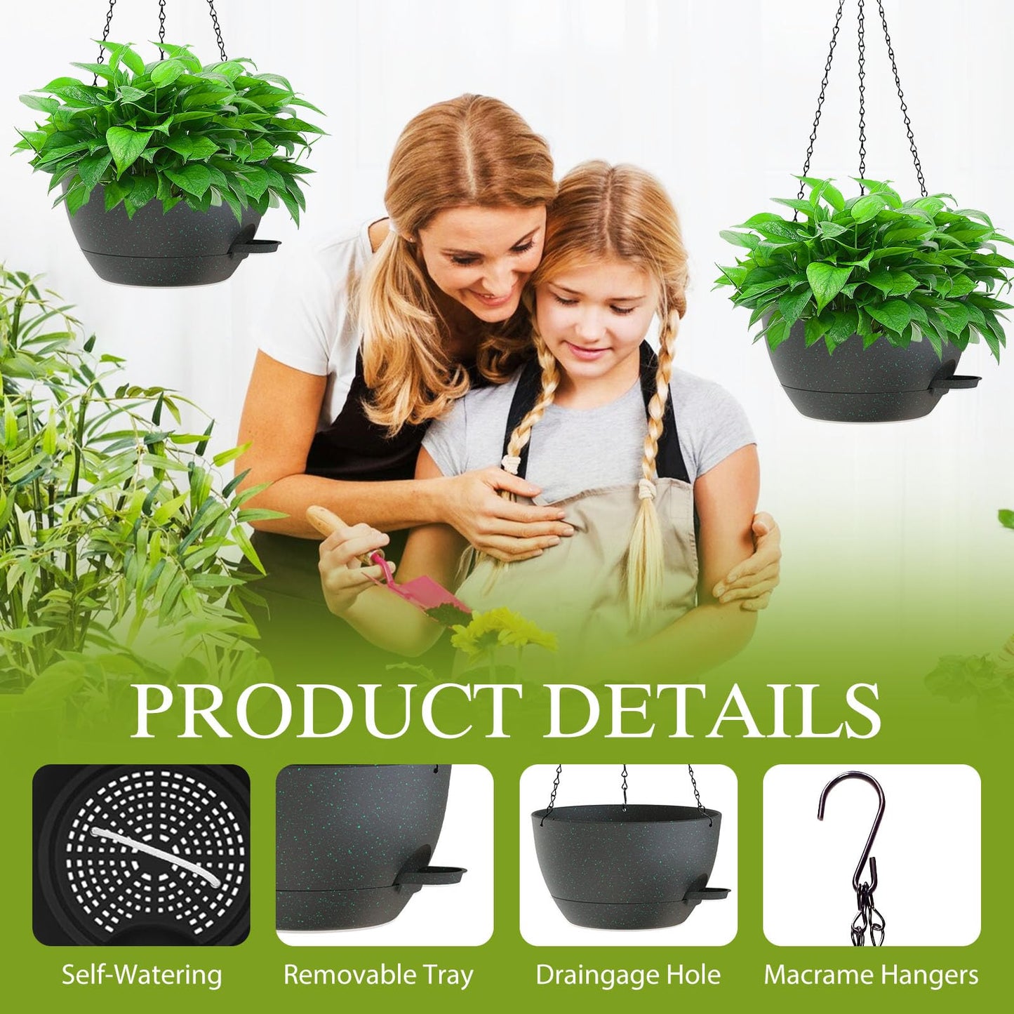SQKH 10 Inch Hanging Baskets 2 PC with Chains, Self-Watering Hanging Planters for Indoor Outdoor Plants, Plastic Hanging Flower Pots,Black with Green Speckles