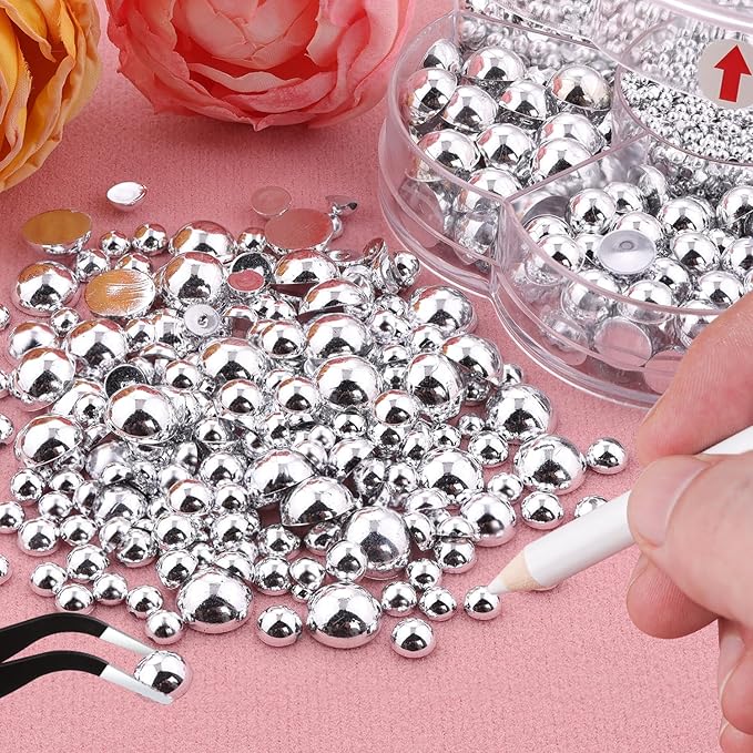 Nail Art Flat Back Half Round Pearl Kits, Mixed Sizes 6000 Pcs with B7000 Jewelry Glue Silver Small Pearls for Nails with Picking Tools for Graduation Cap Decorations Home DIY Body Face Craft Use