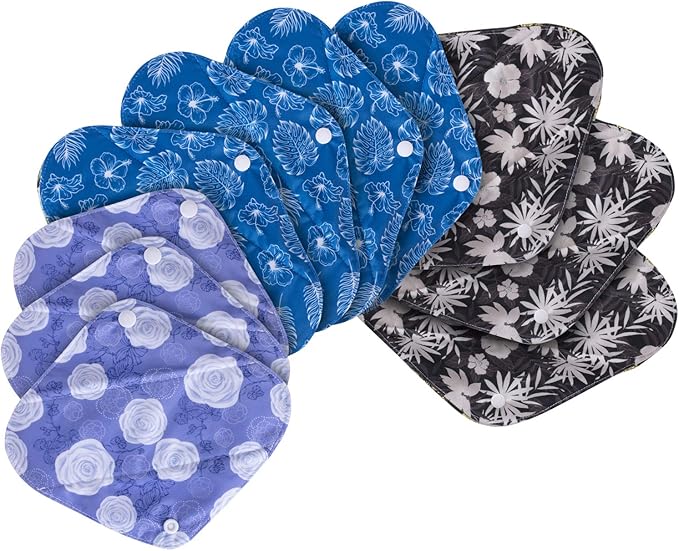 Teamoy 10pcs Cloth Panty Liners, Reusable Sanitary Pads with Wet Bag, Washable Cloth Menstrual Pads with Charcoal Absorbency Layers (Plant Styles, 3pcsx7.9 Purple+4pcsx10 Blue+3pcsx11.6 Brown)