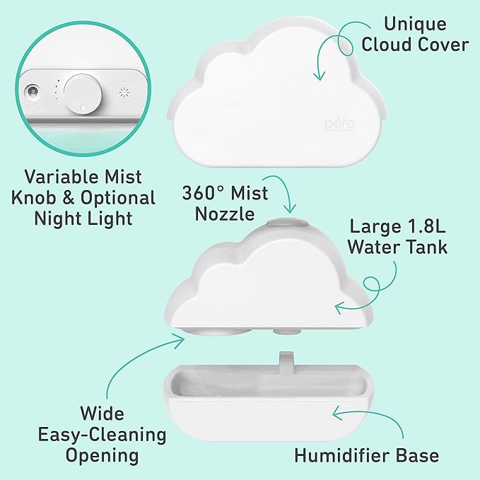 Pure Enrichment PureBaby Cloud Ultrasonic Cool Mist Humidifier - Quiet Variable Mist for up to 24 Hrs, Color Night Light, BPA-Free, Ideal for Baby