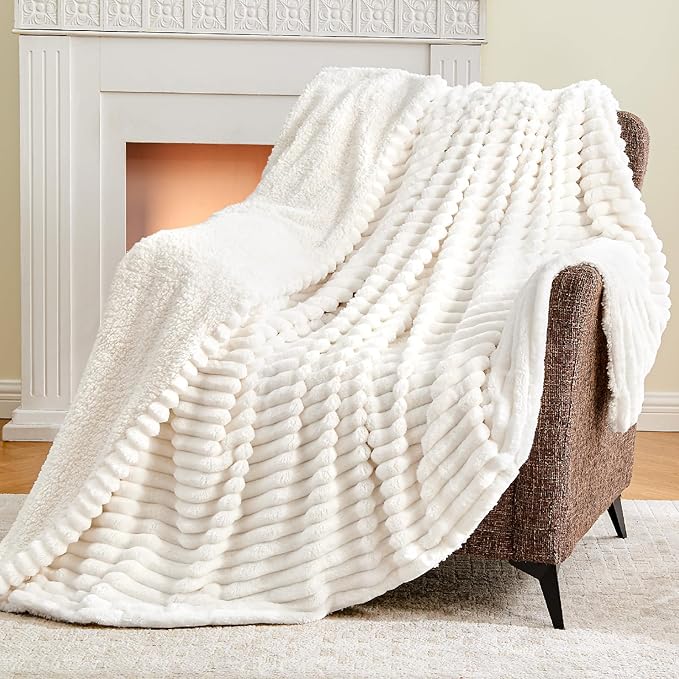 INFIIXSO Sherpa Throw Blanket for Couch - Super Soft & Warm Striped Fleece Blanket, Cozy Plush Fluffy Blanket All Season Use (Off White, 50x60 Inches)