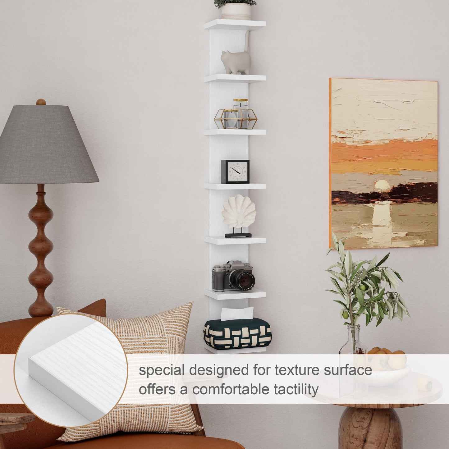 Fun Memories 7 Tier Wall Shelf Unit, White Floating Shelves for Storage - Vertical Column Tower Design, Lack Wall Shelf Space Saving Organizer for Bedroom, Living Room, Home Decor