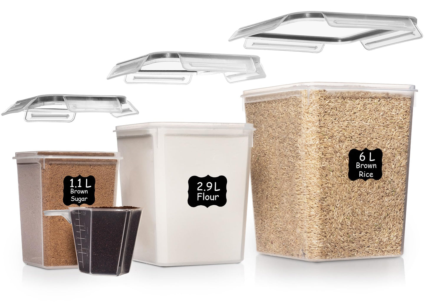 Shazo Flour Sugar Storage Containers Set of 3 (6L, 2.9L, 1.1L) Large Airtight Food Storage Containers with Lids, BPA-Free Plastic Container for Kitchen & Pantry Organizers, Cereal, Rice & Pasta