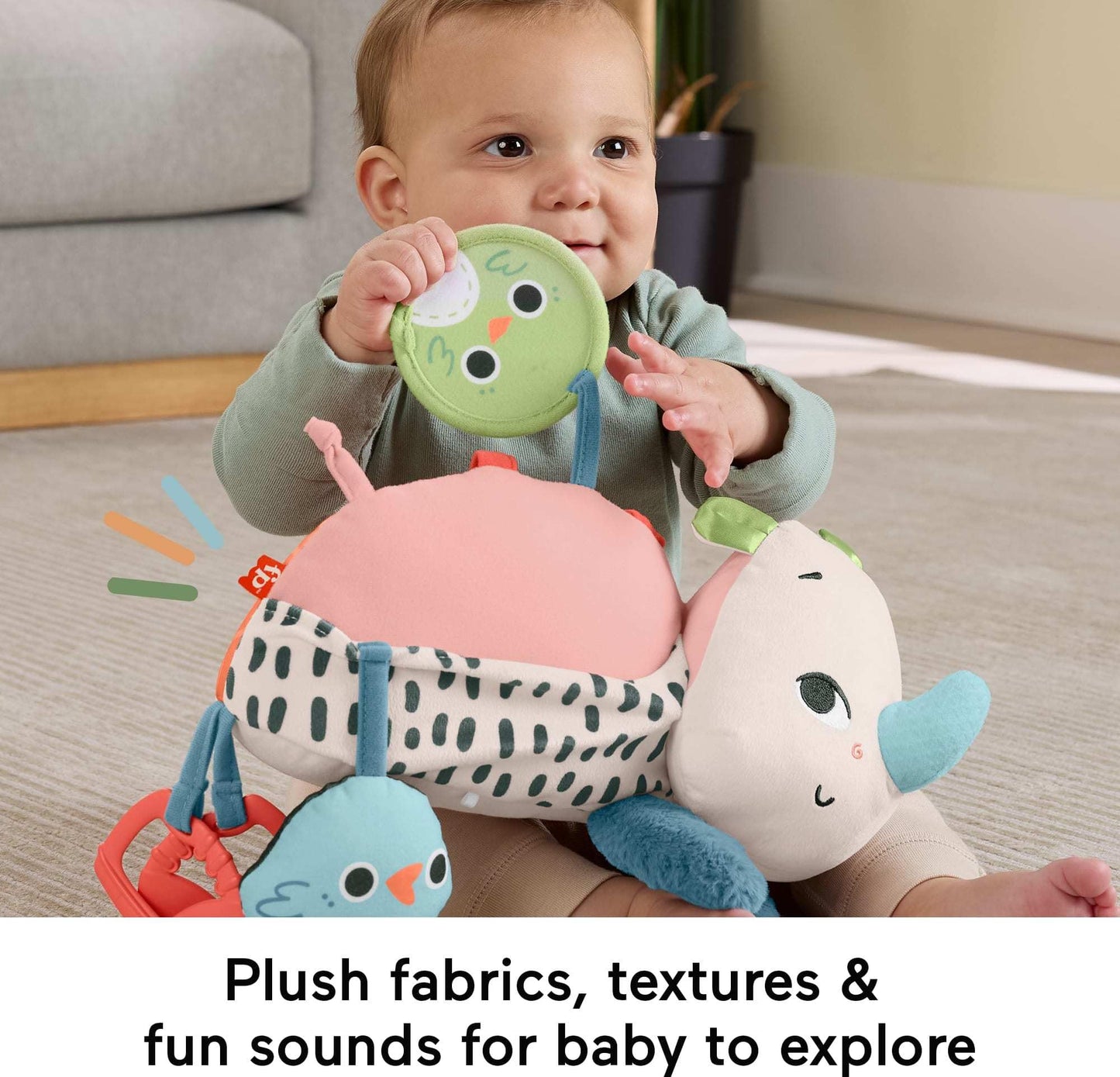 Fisher-Price Newborn Toy Planet Friends Tummy Time Roaming Rhino Plush with Sensory Activities for Babies Ages 0+ Months