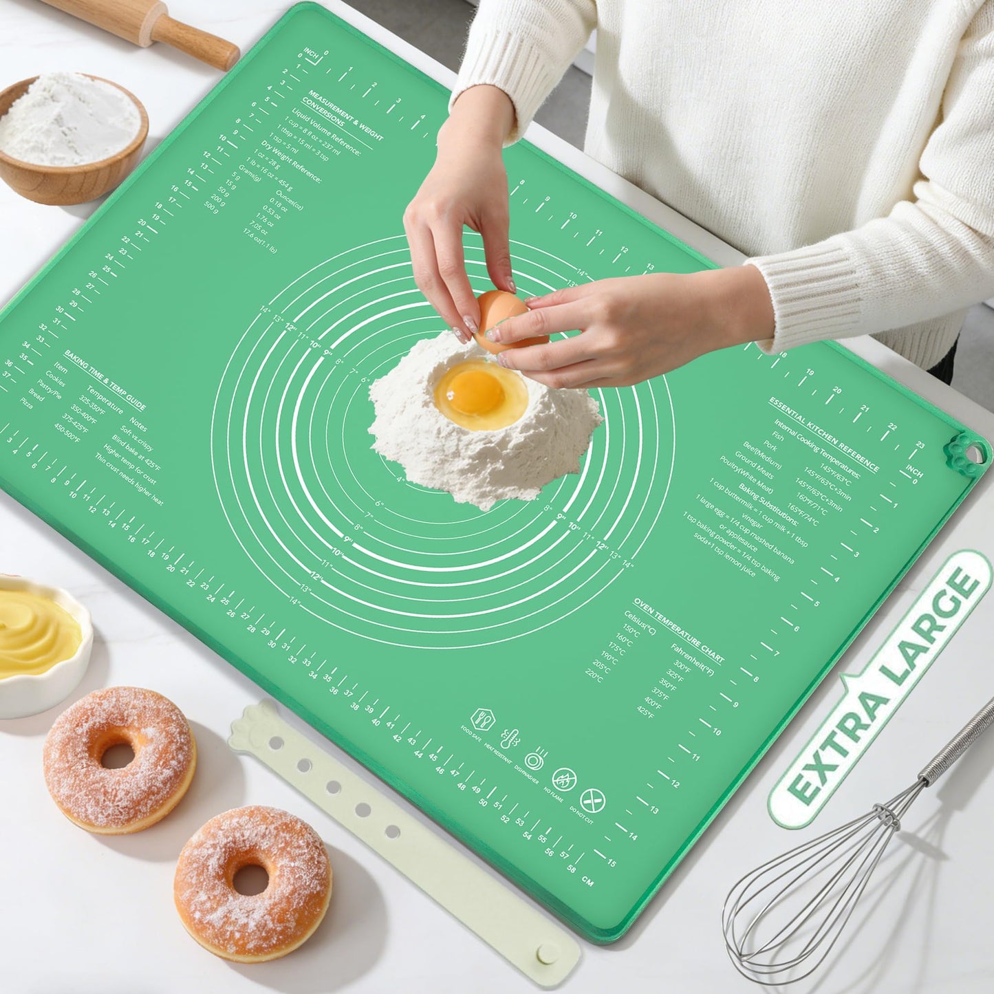 Extra Large Food Grade Platinum Silicone Pastry Mat 28 x 20, Non-Slip Non-Stick Baking Mat for Rolling Dough with 5mm Raised Edge, Measurements & Baking Guide for Bread, Pizza, Pie & Sourdough