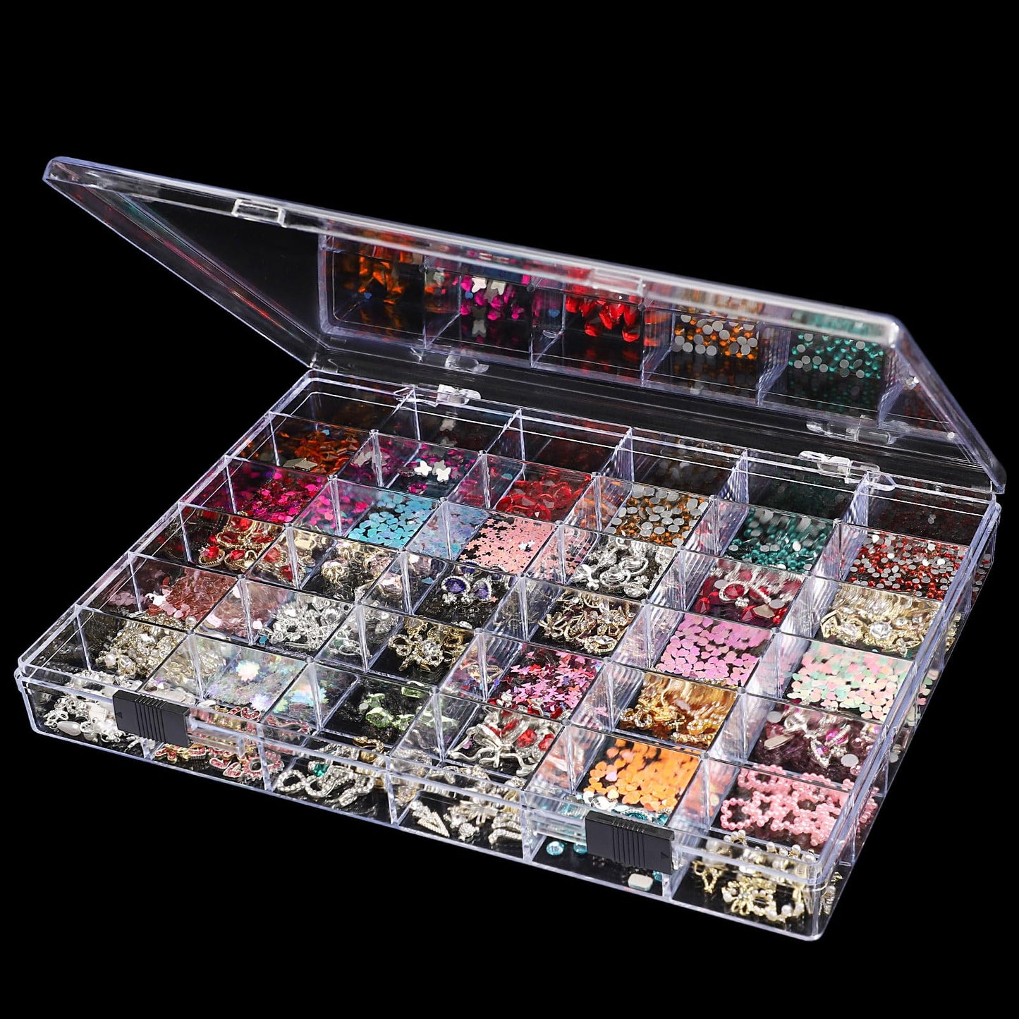 Noverlife 36 Grids Clear Plastic Jewelry Organizer Box, Nail Charm Holder Double Buckle Bead Organizer Storage Container Box, Empty Nail Box Organizer Earring Display Case Acrylic Bead Box for Women