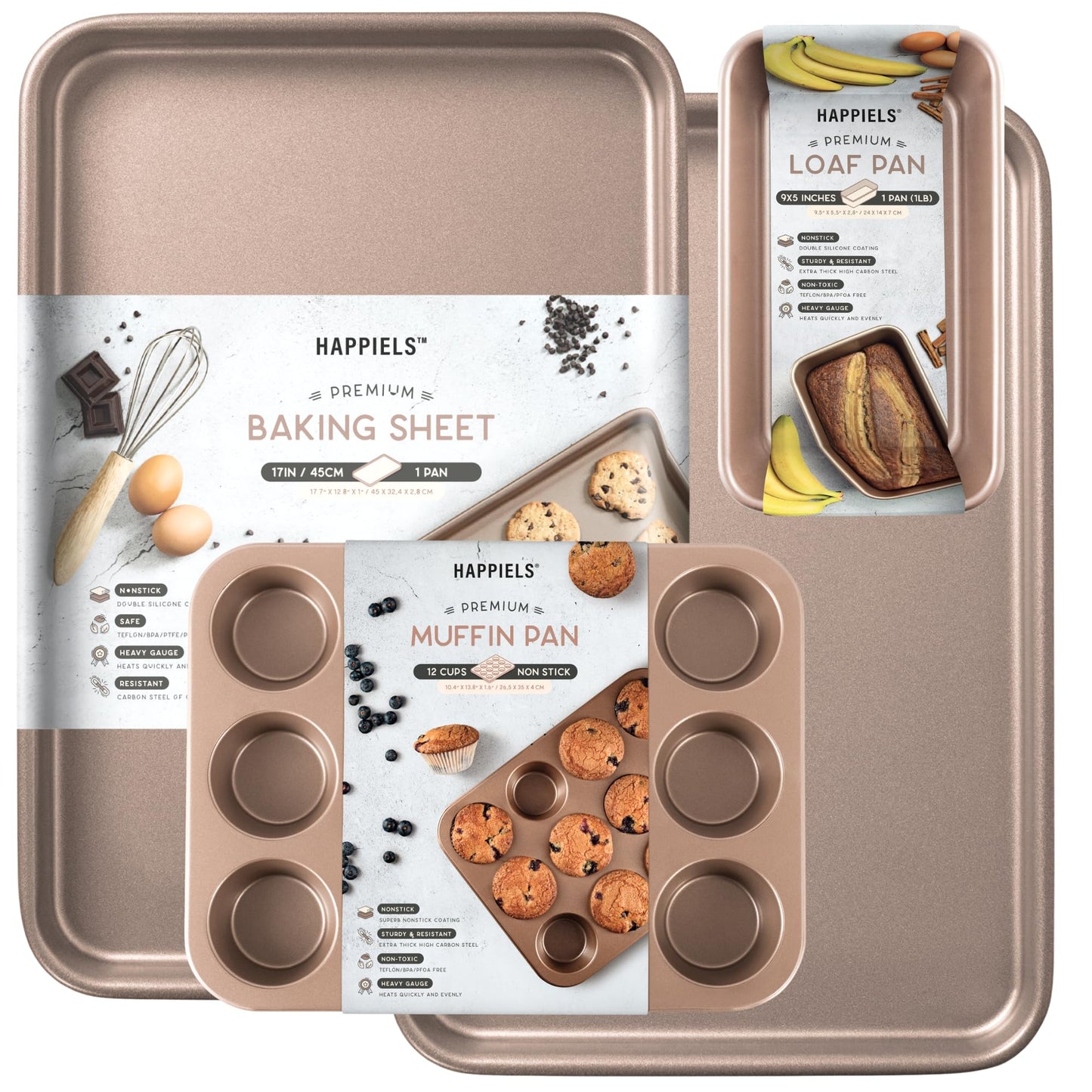 HAPPIELS Premium PFOA free Nonstick Baking Pans Bundle of 4 items: 13 x 18 inch Half Baking Sheet Set of 2, 5 x 9 inch Loaf Bread Pan, 9 x 13 inches Cake Baking Pan
