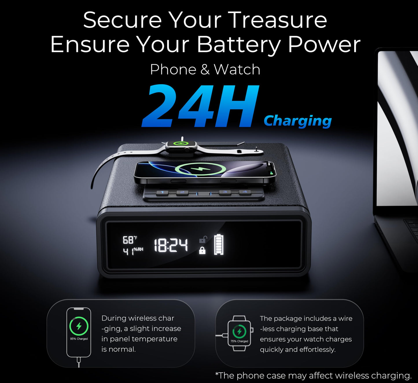 ORARAER Smart Biometric Gun Safe with Wireless Charging, Bluetooth App Control, 4 Unlock Methods, Bedside Drawer Safe LED Display,Money Box for Valuables, Gifts for Men