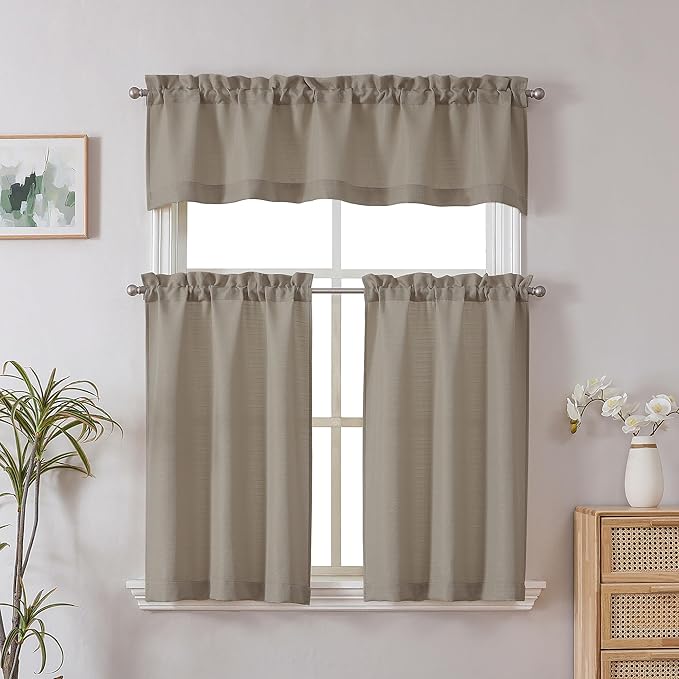 Chyhomenyc 2 Panels Stone Beige Kitchen Curtains 24 Inch Length Tier Curtains, Faux Linen Textured Small Cafe Curtains, Light Filtering Short Window Curtains for Bathroom Basement, Each 30x24 Inch