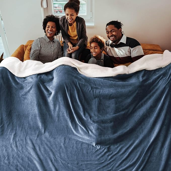 Bedsure Sherpa Fleece Oversized Cal King Blankets for Bed - Thick and Warm, Soft Fuzzy Plush Large Blanket for Winter, Slate Blue, 112x98 Inches