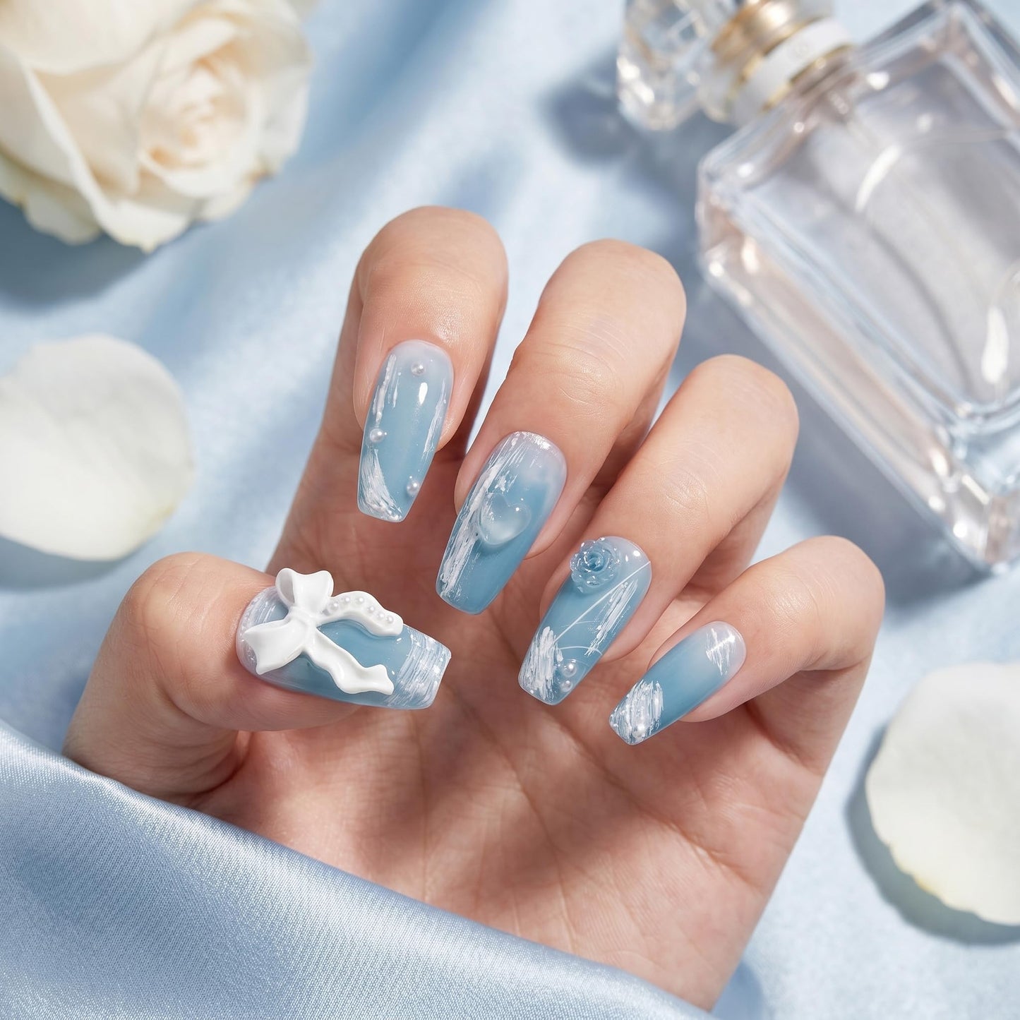 Sun&Beam Nails Handmade Press On Nail Coffin Ballerina 3D Accessories Blue Acrylic Fake Tip Design Art Charms Cute with Storage Box 10 Pcs (#008 L)