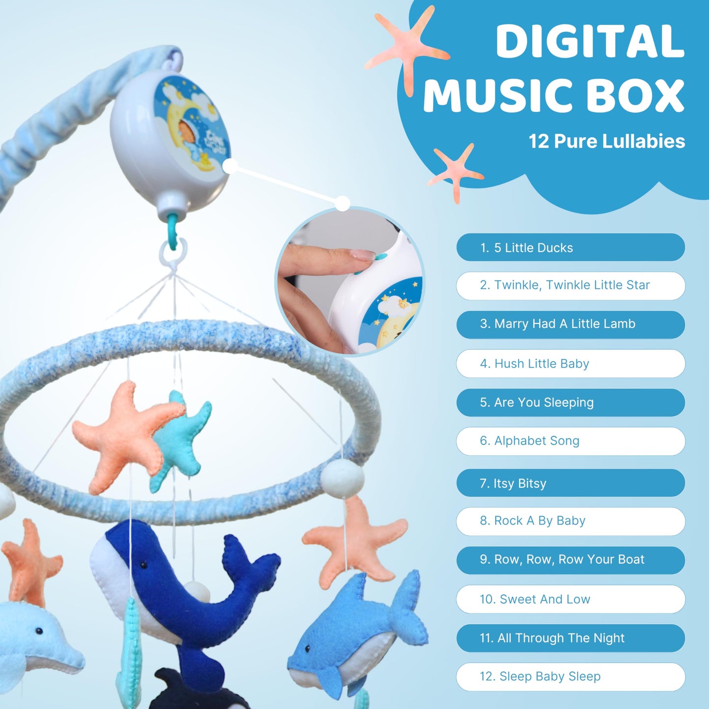 Ocean Baby Mobile for Crib - Sea Creatures Crib Mobile for Boys & Girls - Rotating Musical Baby Boy Mobile with 12 Lullabies - Under The Sea Nursery Decor Gift