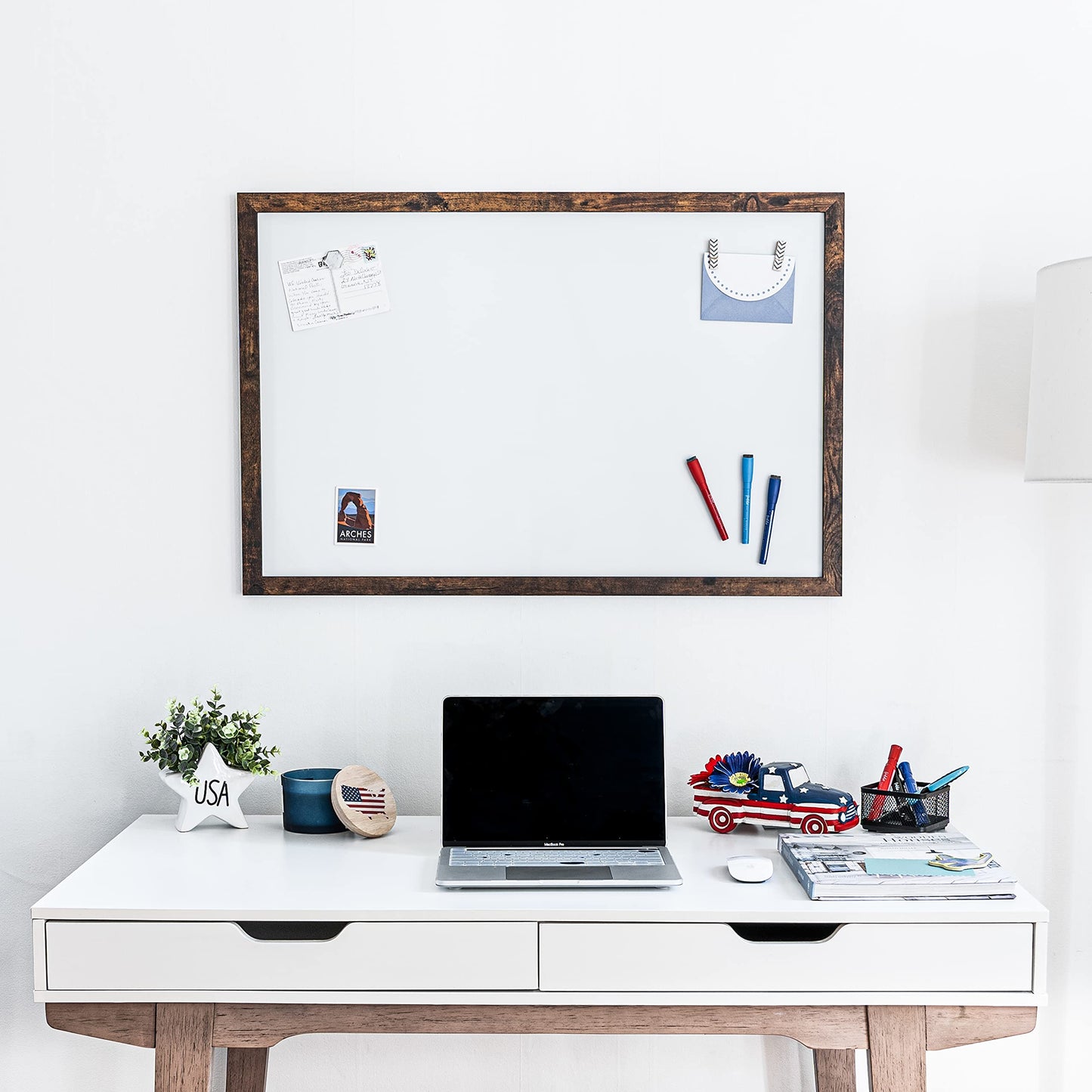 Loddie Doddie Magnetic Whiteboard - 24 x 36 in Rustic Wood Frame - Magnetic Dry Erase Board for Wall - Big White Board for Home Office - Built-in Marker Tray & Message Center