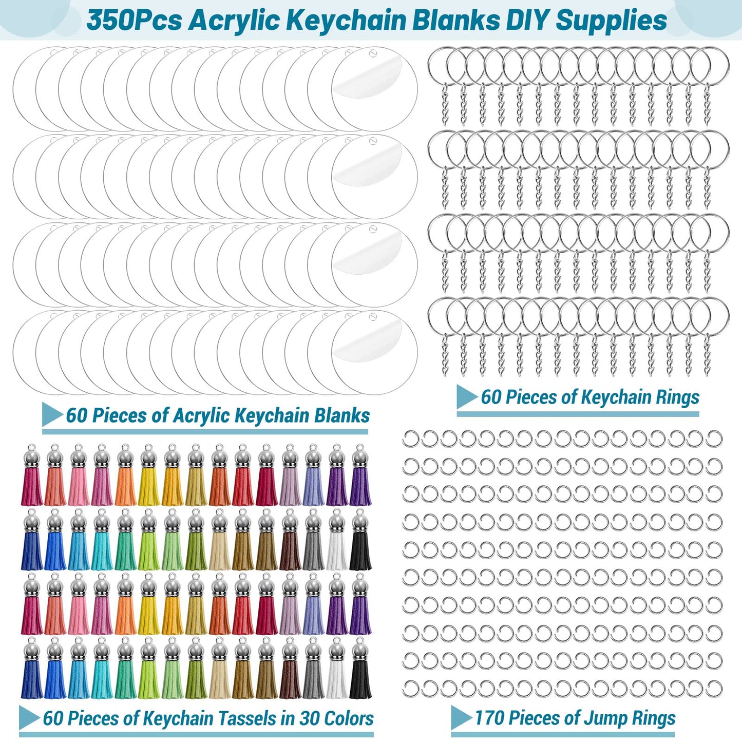 350Pcs Acrylic Keychain Blanks Cludoo Clear Acrylic Ornament Blanks for Vinyl with 60 Pcs Blanks, 60 Pcs Keychain Tassels, 170 Pcs Jump Rings and 60pcs Rings for DIY Craft