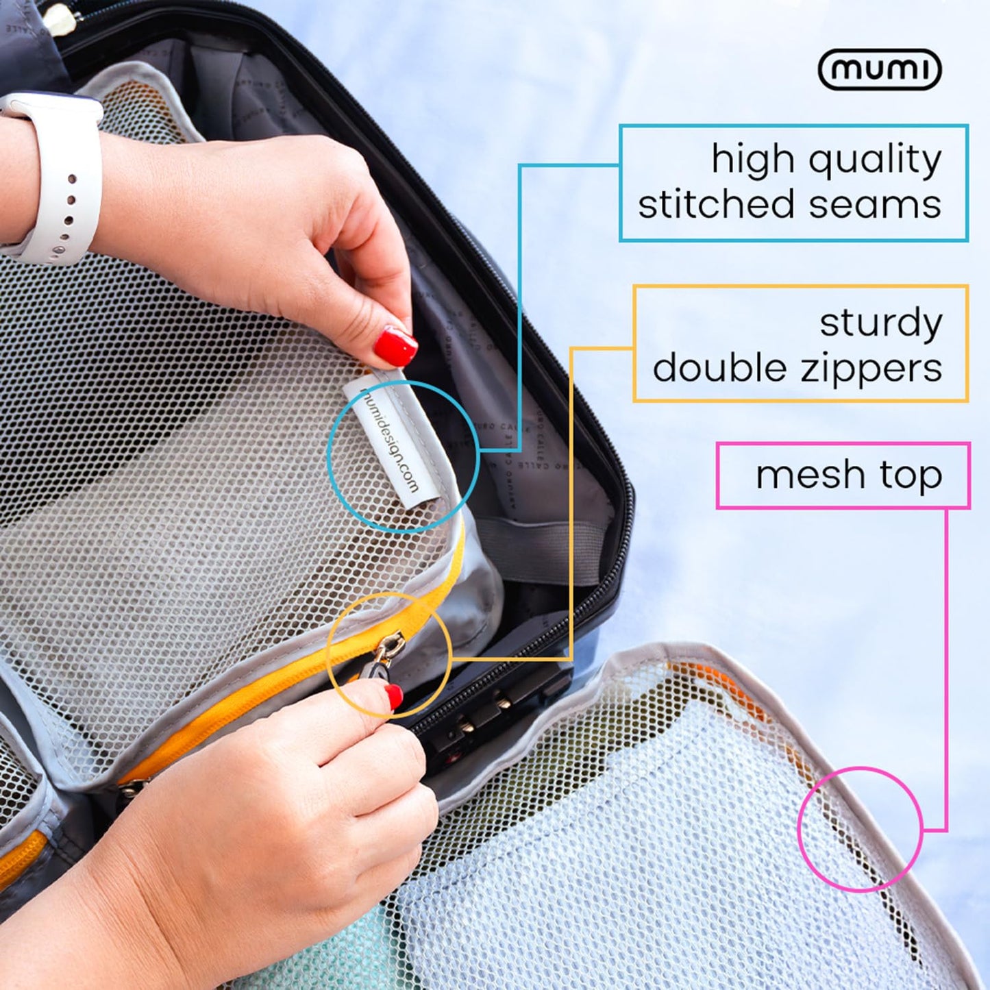 MUMI Packing Cubes - 5 Compression Packing Cubes for Travel, Luggage Organizer Bags for Suitcases, Carry-On, Duffle or Backpack – Mesh, Waterproof Bags for Clothes, Kids & Travel Accessories - Orange