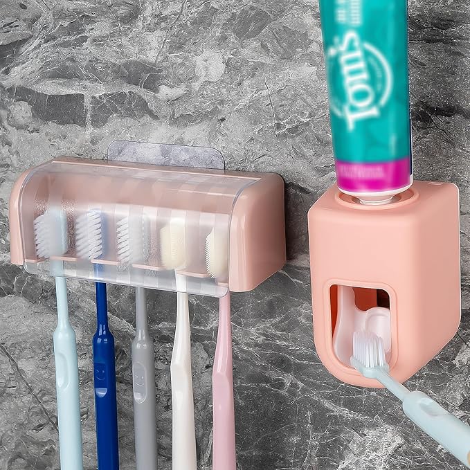 5 Slots Wall Mount Toothbrush Holder with Cover, Self Adhesive Toothbrush Storage Organizer for Shower, Toothbrush Hanger with Automatic Toothpaste Squeezer Dispenser (Pink)