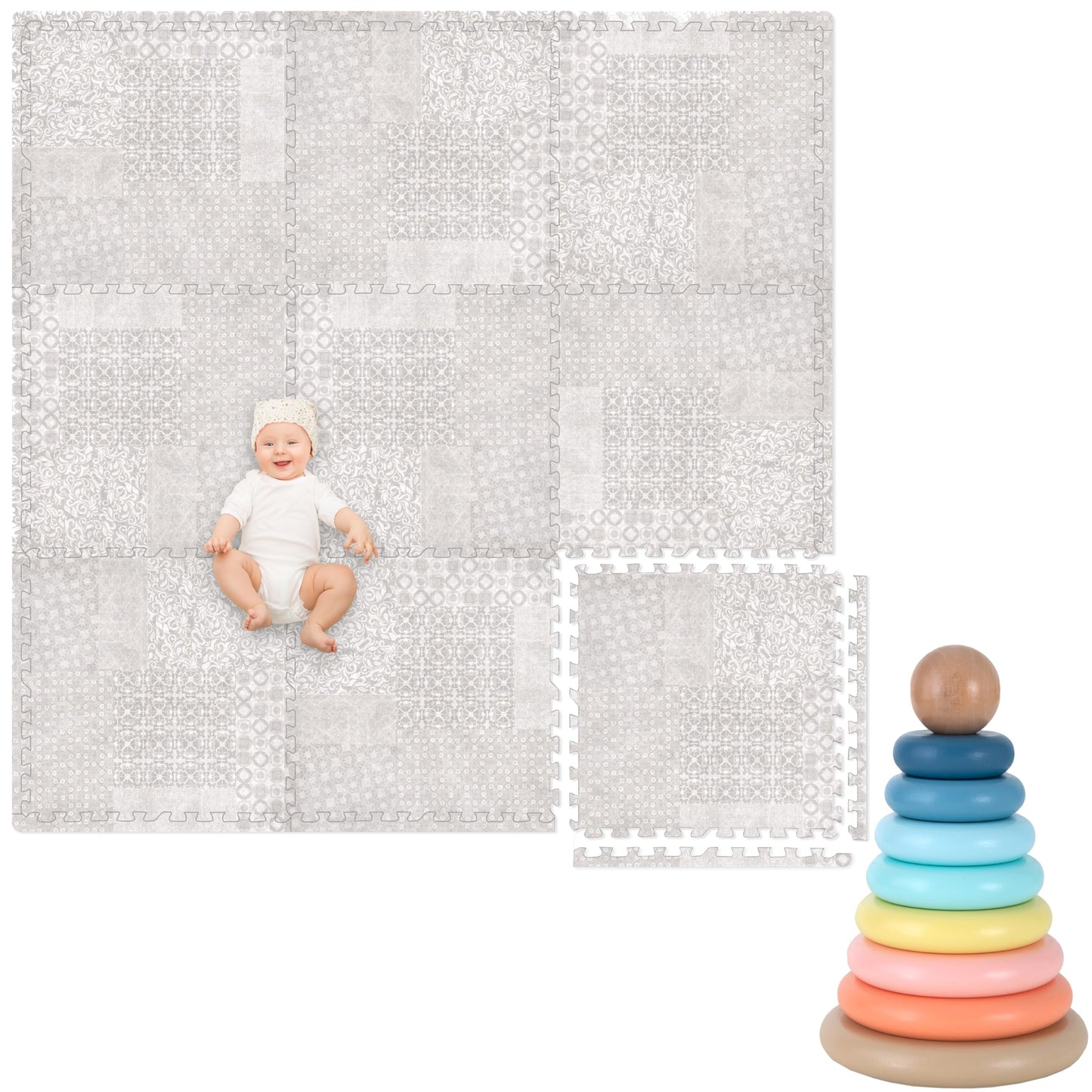 Play Platoon Non-Toxic Kids Play Mats for Floor, Extra-Thick Foam Tiles, Playmat for Toddlers & Childrens Playroom, Wooden Rainbow Stacking Toy Ring Stacker Toy, Educational Interactive Learning Toys
