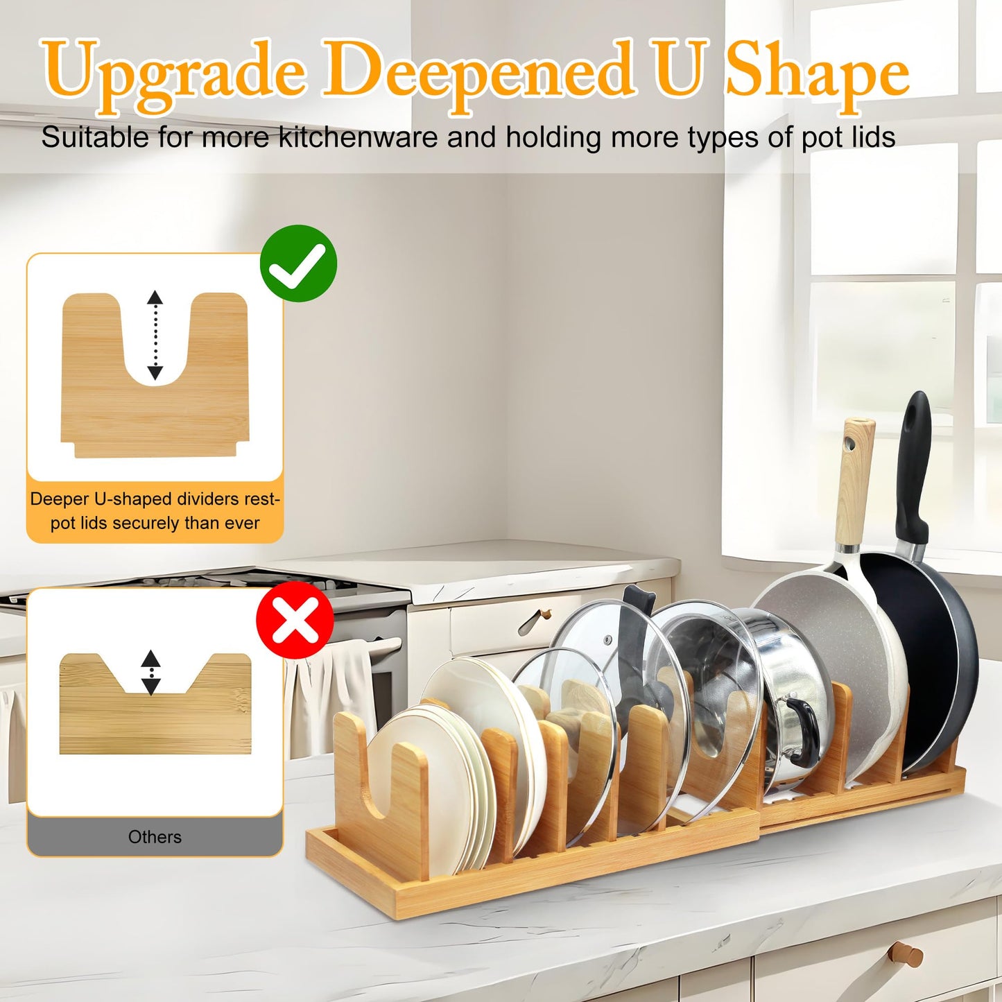 MinBoo Bamboo Expandable Pot Lid Organizer, Pot and Pan Organizer Drawer Organizer for Pot Lids, Adjustable 10 U-Shaped Dividers for Kitchen Cabinet Organizers and Storage (Bamboo-1)