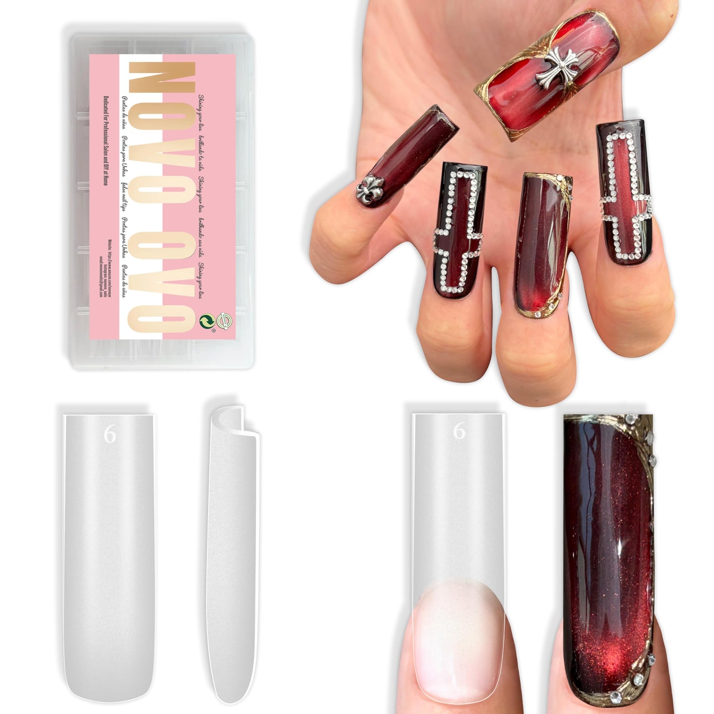 NOVO OVO Sharp Square Long Nail Tips Press on, Natural (Not Sculpted) No C Curve Soft Gel Double Matte Clear Fake Nail Extension,Full Cover False Nails for Salon DIY Manicure x 15 Sizes 180 pcs