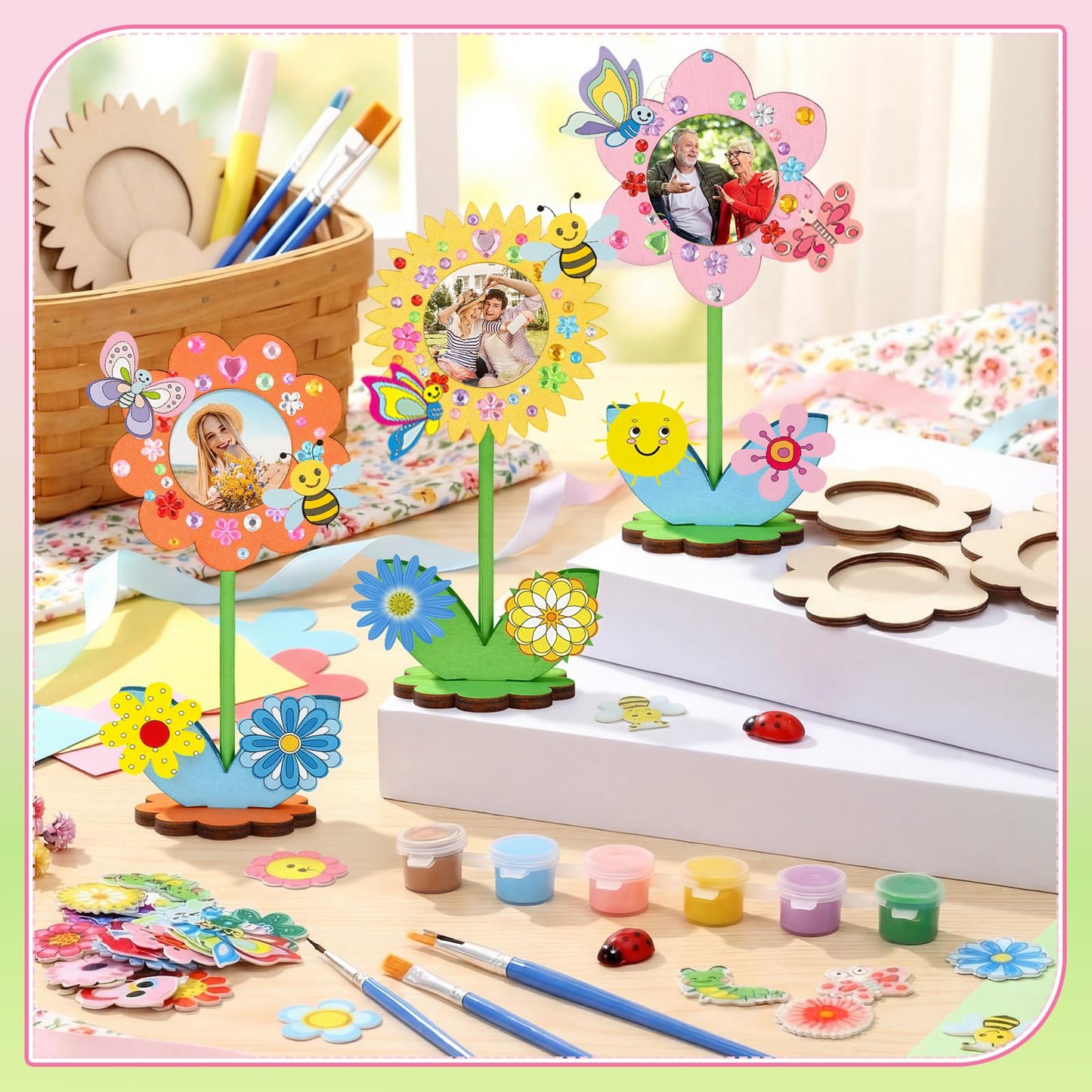 24 Sets Mother's Day Crafts Bulk Spring DIY Flower Picture Frame Kit Unfinished Solid Wood Flower Picture Frames Craft with Gems Sticker Paint Brush for DIY Birthday Party Gift(Assorted Styles)