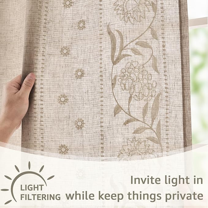 jinchan Winslow Linen Curtains for Bedroom 96 Inches Length Embroidered Bordered Floral Curtains for Living Room Farmhouse Decor Light Filtering Window Treatments Ivory on Taupe Drapes 2 Panels