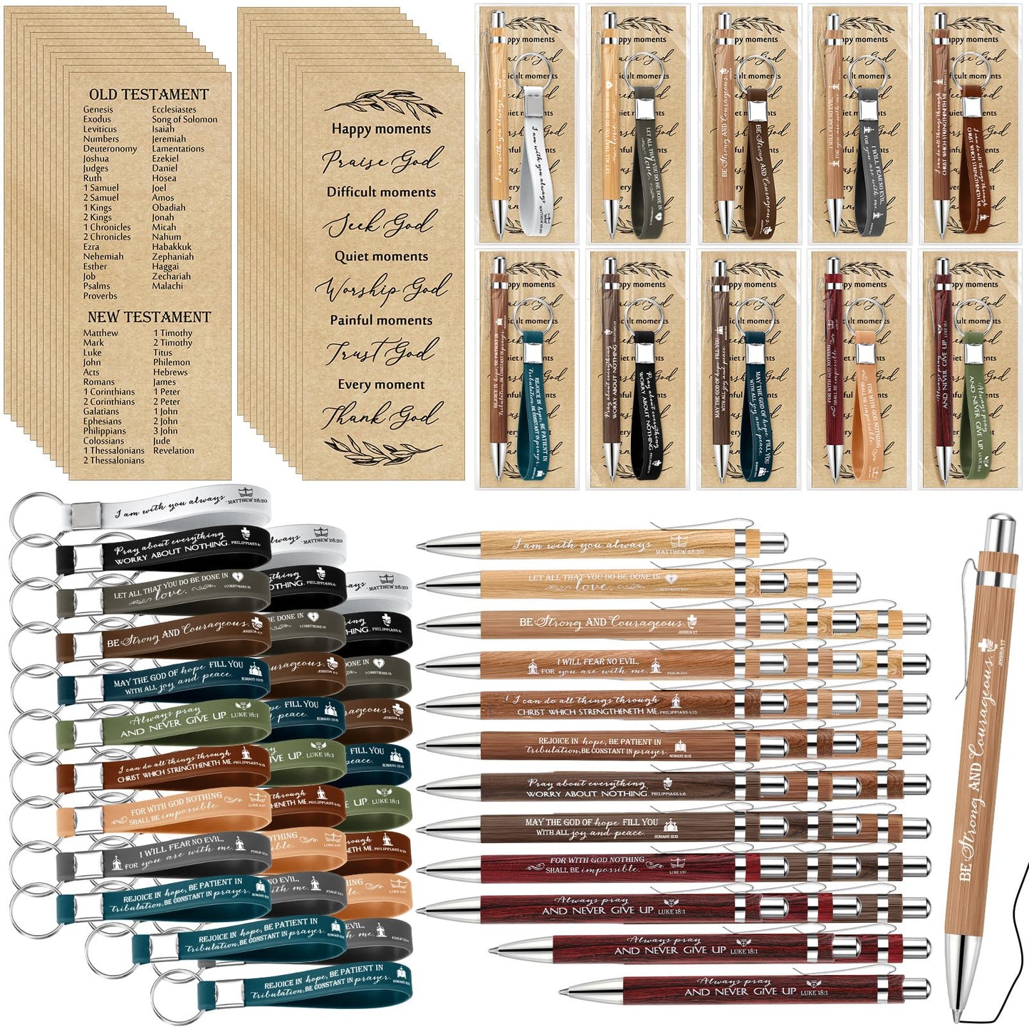 Gueevin 30 Sets Easter Christian Church Gift Bulk Bible Verse Bamboo Pens Religious Bookmarks and Scripture Silicone Keychains Appreciation Gift for Employee Nurse Women Men Pastor Teacher Sunday