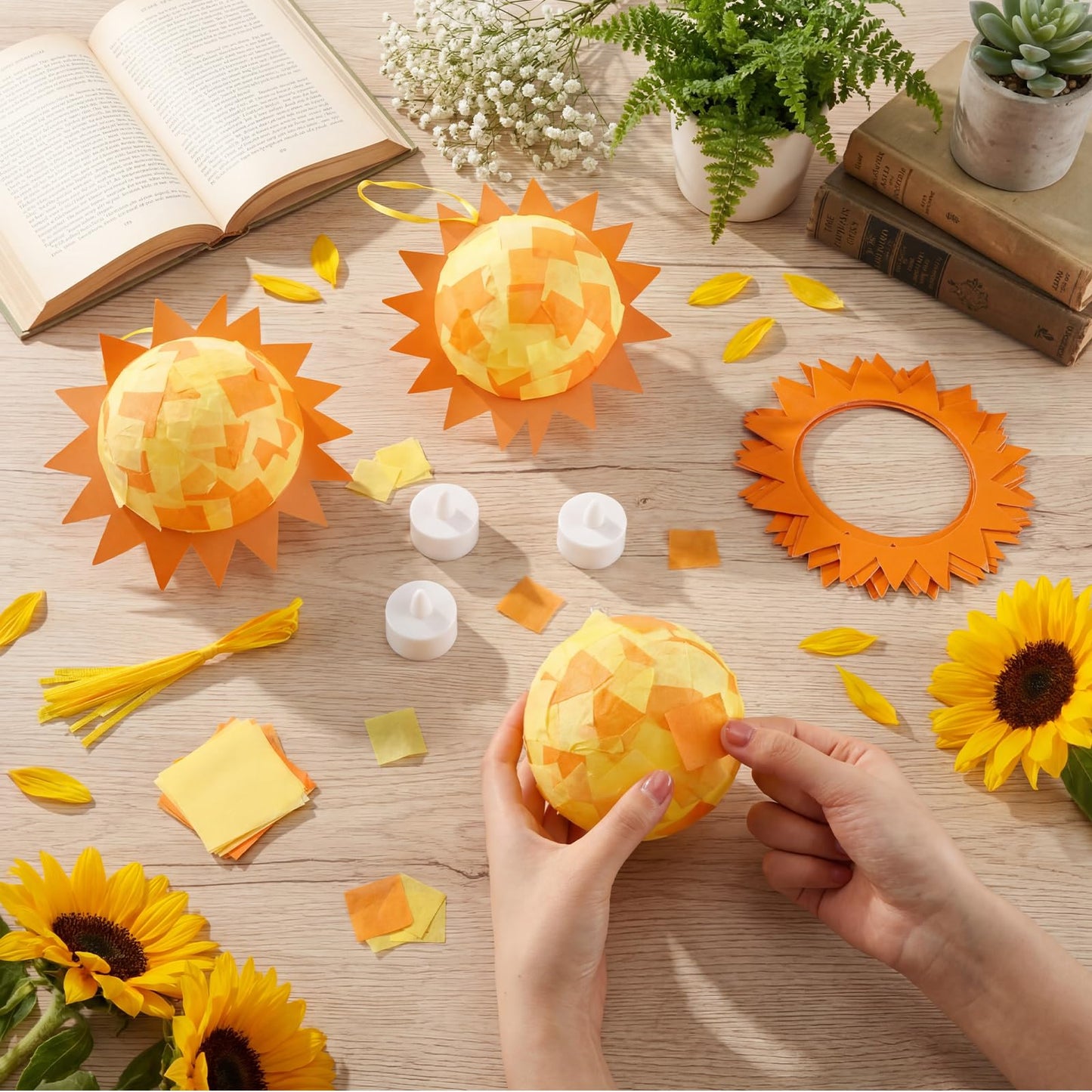 Simgoing 12 Set Sun Craft Kits with LED Candlelight Gold Sun DIY Art Tissue Paper Craft Summer Hanging Ornaments 3D Suncatcher Decoration for Summer Home School Classroom Party Decoration Art Activity