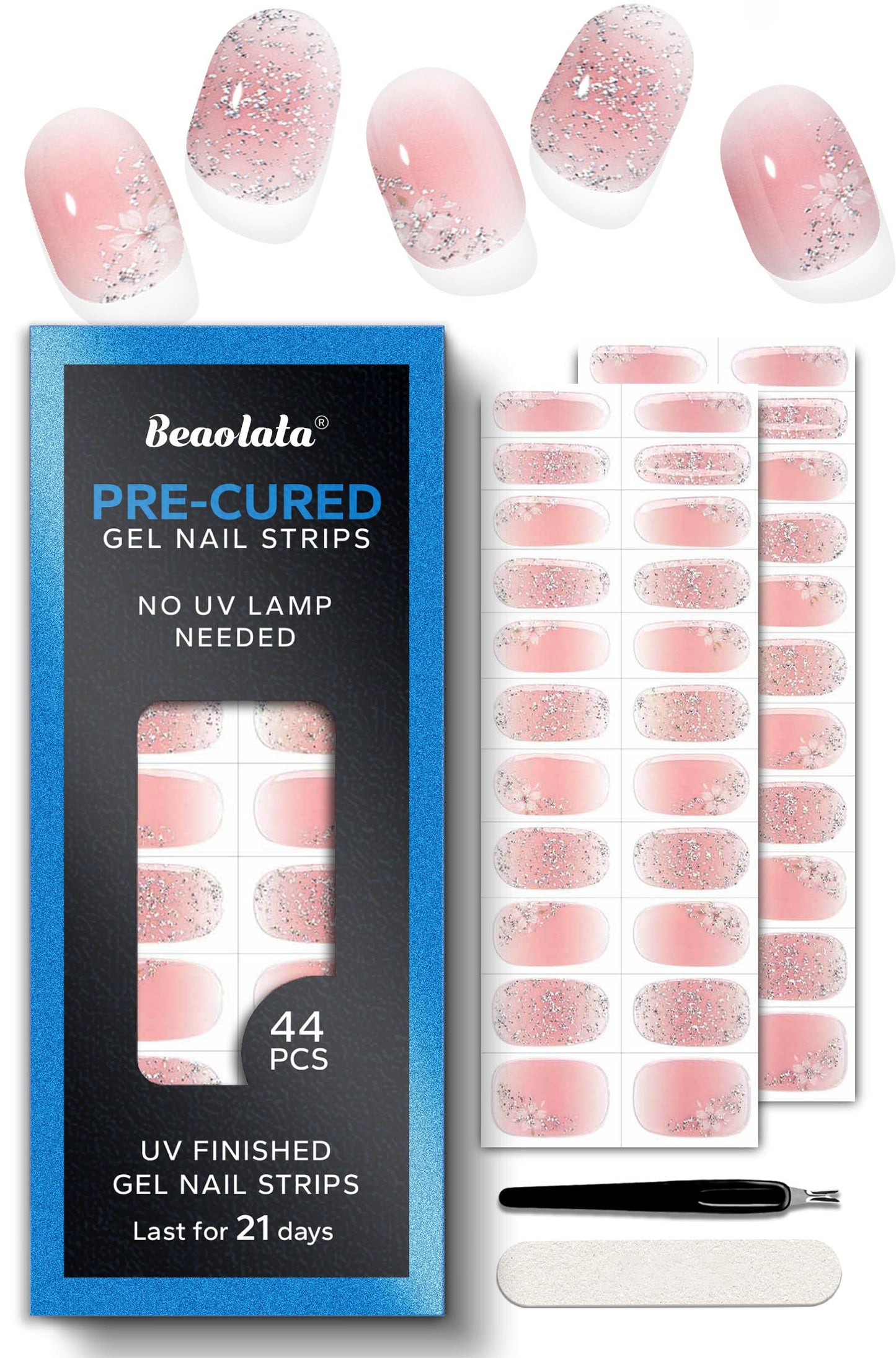 Beaolata Real Gel Nail Strips (No UV Light Needed) - 44Pcs Salon Quality Nail Stickers - Long Lasting Polish Wraps for Women, Easy Apply & Remove (Sparkle Pink