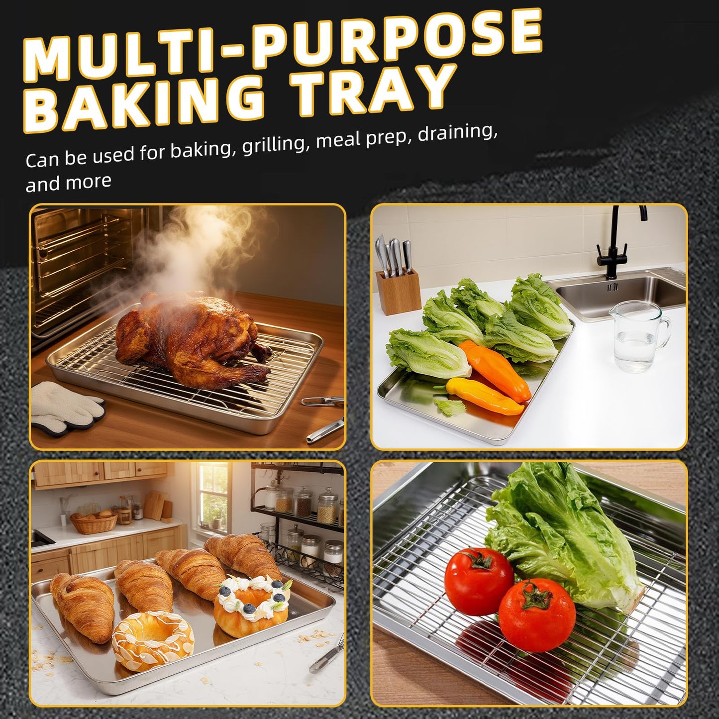 4-Piece Baking Sheet Set with Cooling Rack, Stainless Steel Cookie Sheets & Baking Pans Set, Non-Stick Cookie Trays for Oven Roasting & Food Prep, BPA-Free 10/12/16 Inch