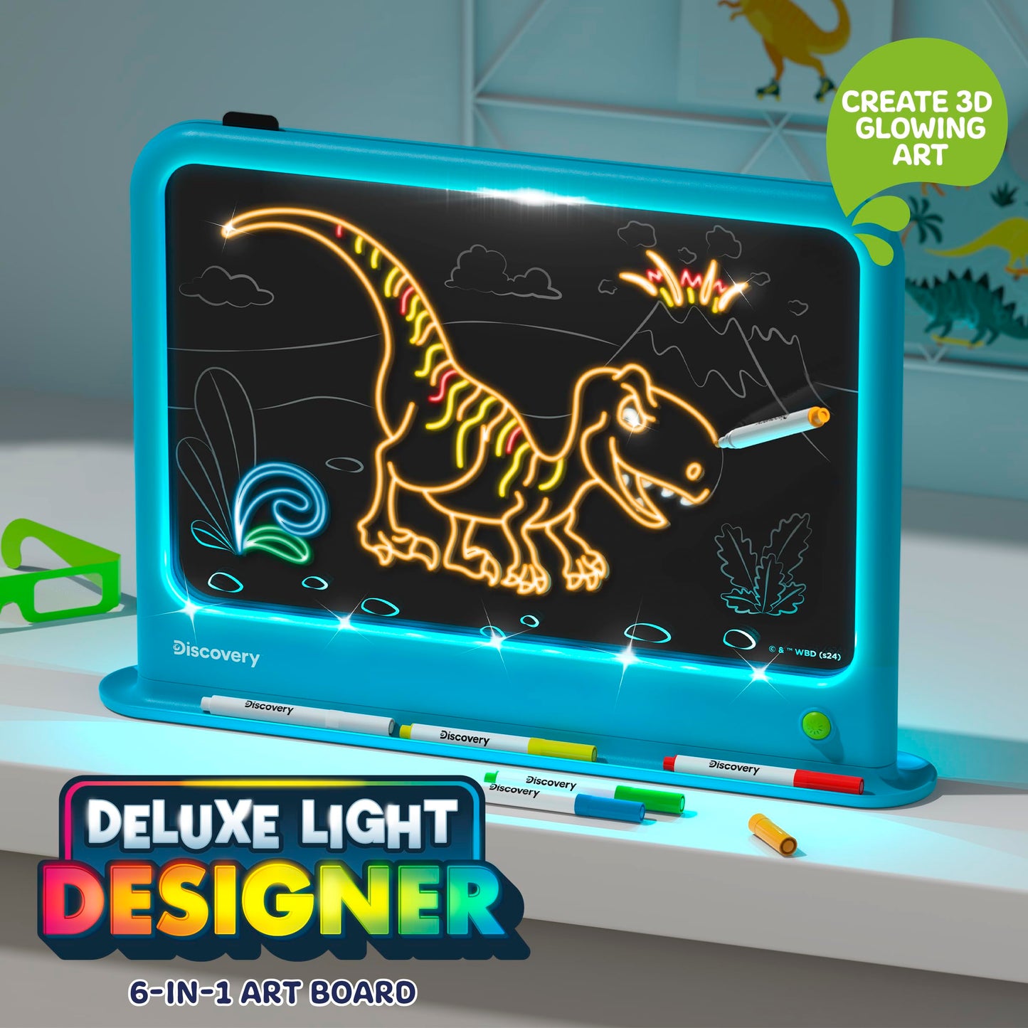 Discovery™ Deluxe Light Designer 6-In-1 Art Board – Includes 3D Glasses, 6 Washable Markers, Templates, 12 Light Modes| Kids Drawing Tablet, LED Scribble Doodle Electronic Drawing Pad Activity Toy Set