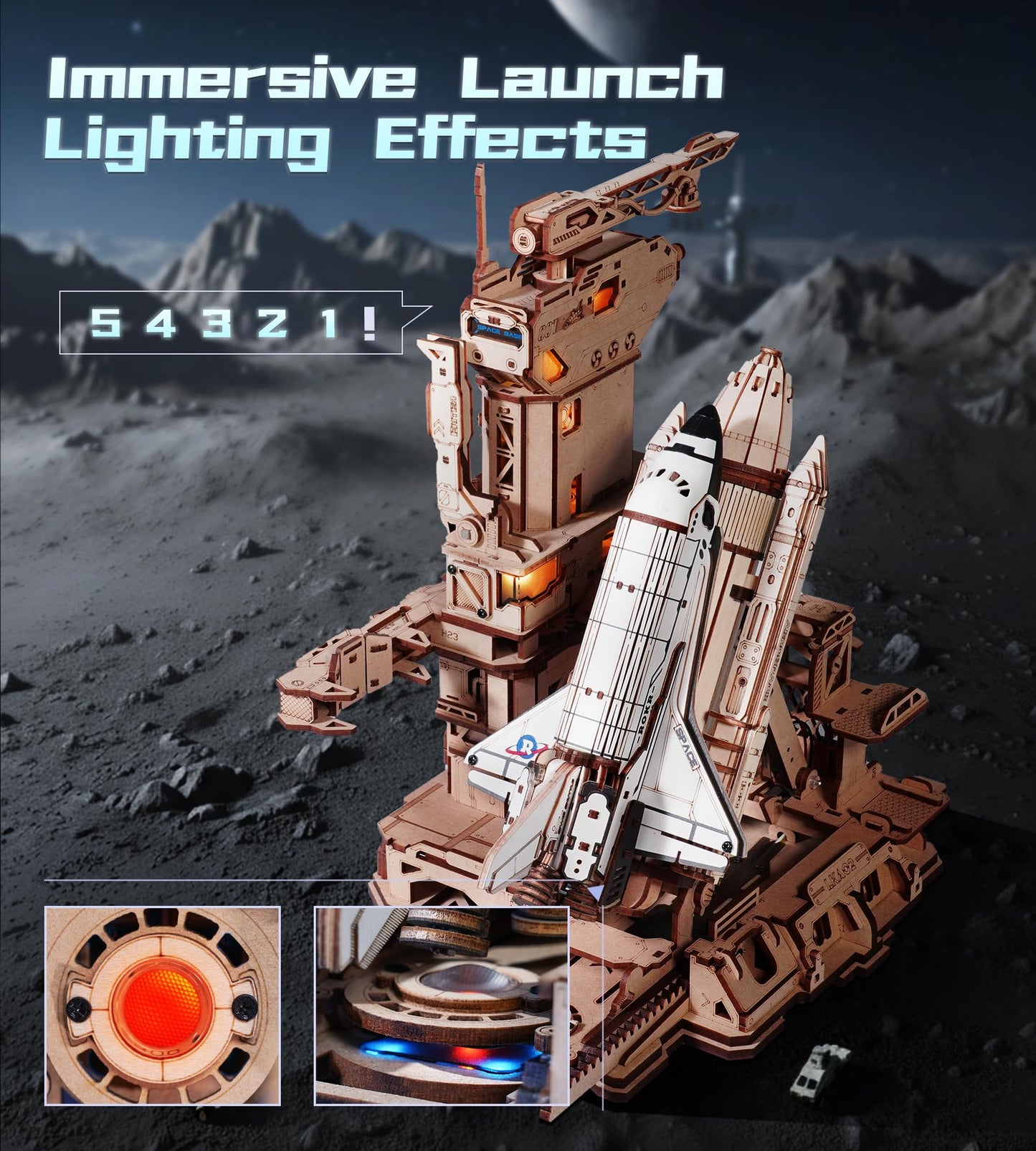 ROKR 3D Puzzles Space Shuttle-Dynamic Launch Base with Motorized Lift, LED Light Effects, 1:420 Scale Collectible Building Kit