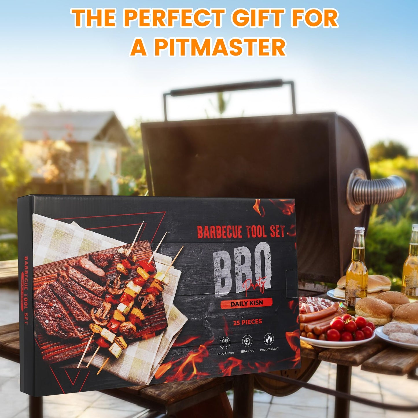 Grill Accessories Kit, Grill Tool Set with 4-in-1 BBQ Spatula, Fork, Tongs, Cleaner Brush, Skewers, Silicone Corn Holders, Silicone Brush, Grilling Gift Set for Men and Women