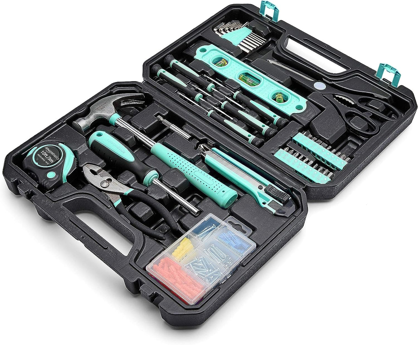 Amazon Basics 142-Piece Household Tool Kit for Home Repair, Hand Tools with Storage Case, 13.39 x 9.25 x 2.95 inch, Turquoise