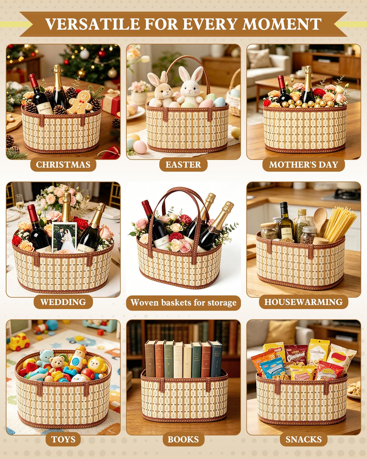 2 Set Baskets for Gifts Empty, Woven Bamboo Gift Basket Kit with Handles, Foldable Empty Gift Baskets to Fill with Wrap Bags, Pull Bows, Cards & Raffia for Baby Baptisms, Father's Day, Housewarming