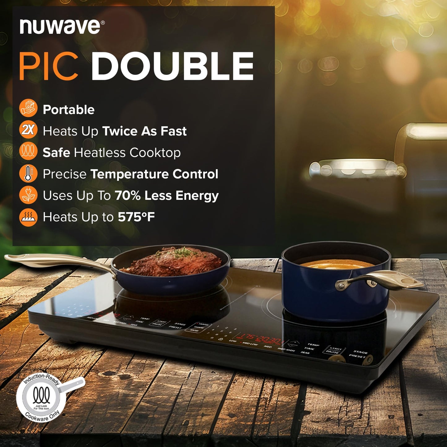Nuwave Double Pro Cooktop Induction Countertop Burner, Portable, 900/1500/1800W with Dynamic Watt Technology, 50°F to 575°F, 8” Heating Coil, Shatter-Proof Ceramic Glass, Seamless IMD Touch Panel