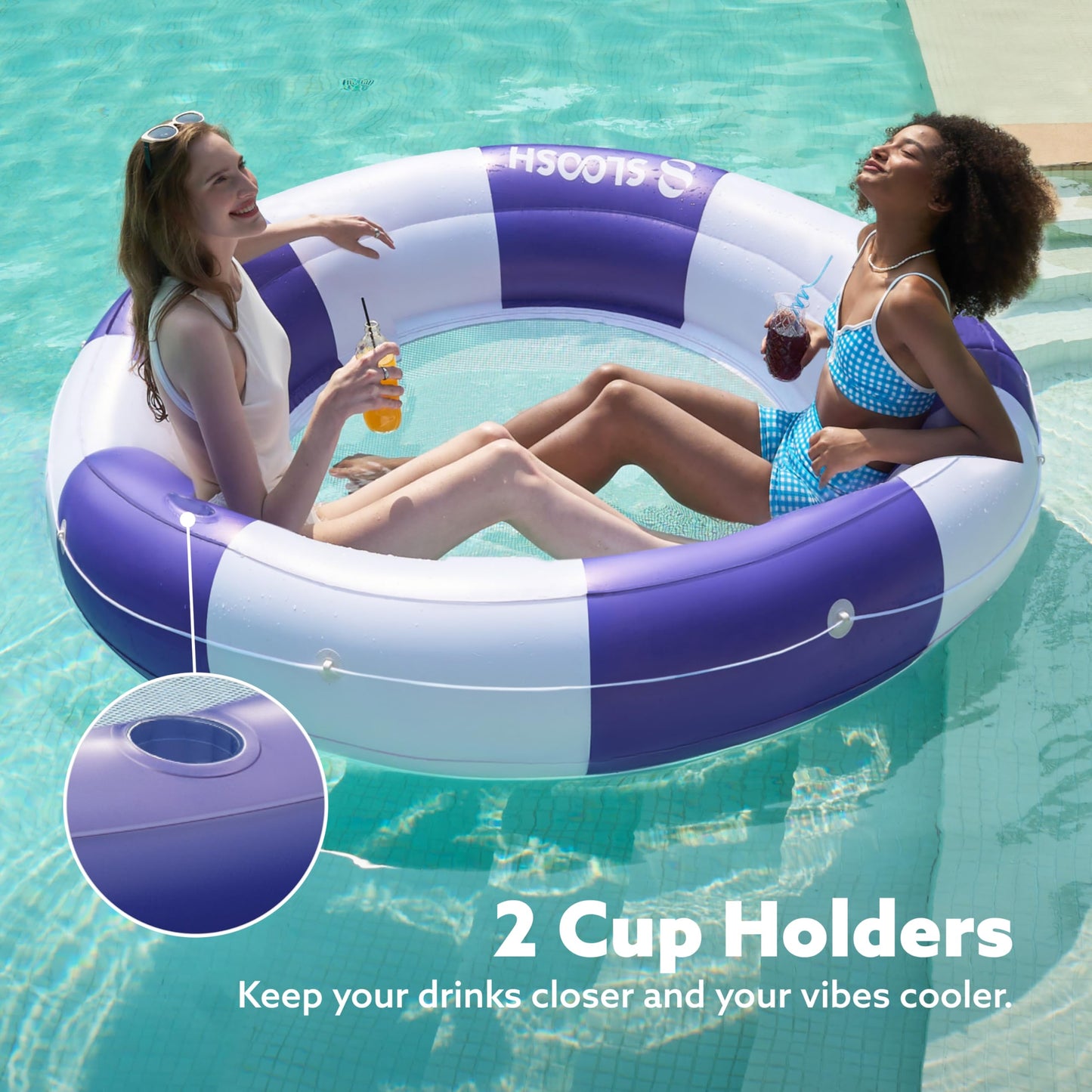 SLOOSH Inflatable Pool Lounger Float with Mesh, 80" x 80" Tanning Pool Floats, Double Lounger Round Ring for Adults, Floating Mat Raft for Lake and Beach with Cup Holder (Navyblue Strpie)