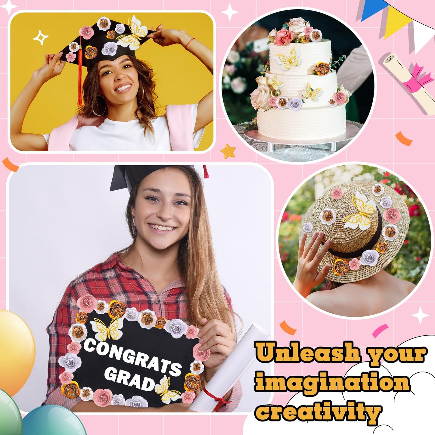 Dinifee 36 Pcs DIY Graduation Cap Decorations Accessory Kit Include Faux Paper Flower Heads 3D Butterfly Grad Cap Mini Paper Flowers Decorations for Grad Cap Topper DIY Graduation Gift(Pink, Gold)